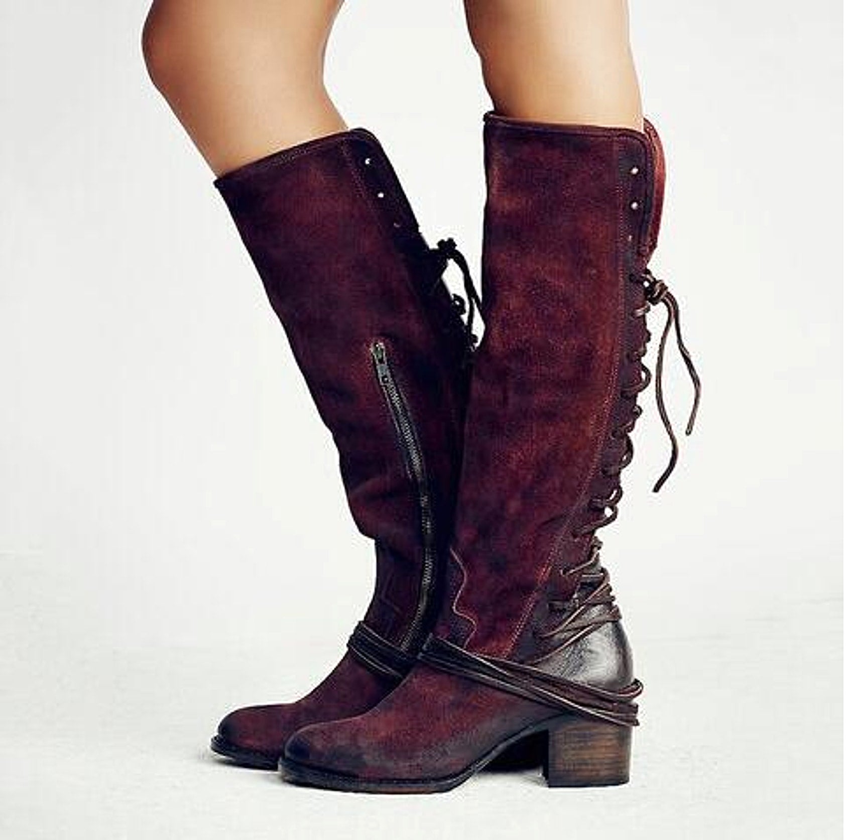 Chunky Heel High Heel Back Bandage Tall Knight Boots Women - enhanced image 7
