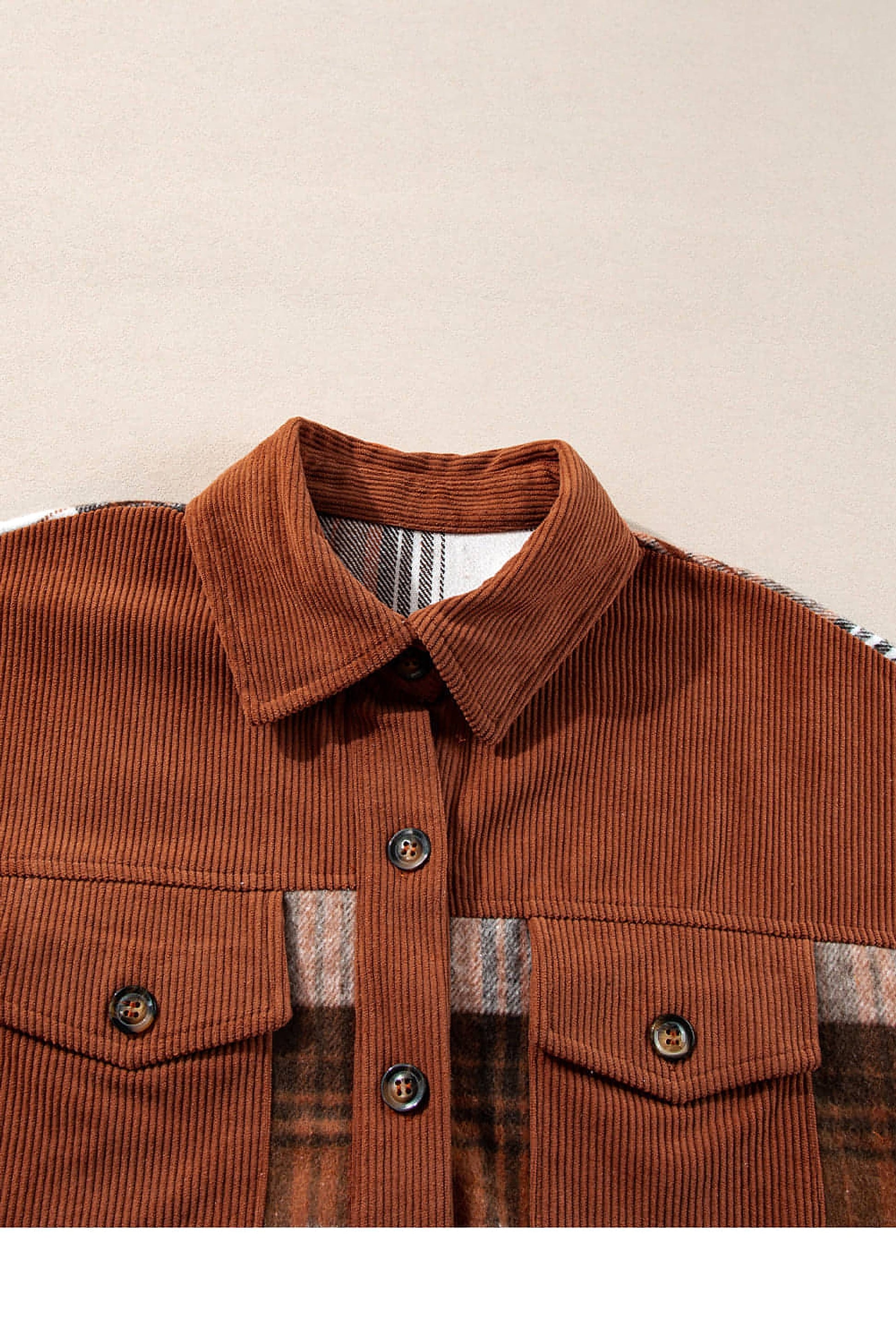 Cinnamon Plaid Corduroy Patchwork Chest Pocket Shacket - enhanced image 7