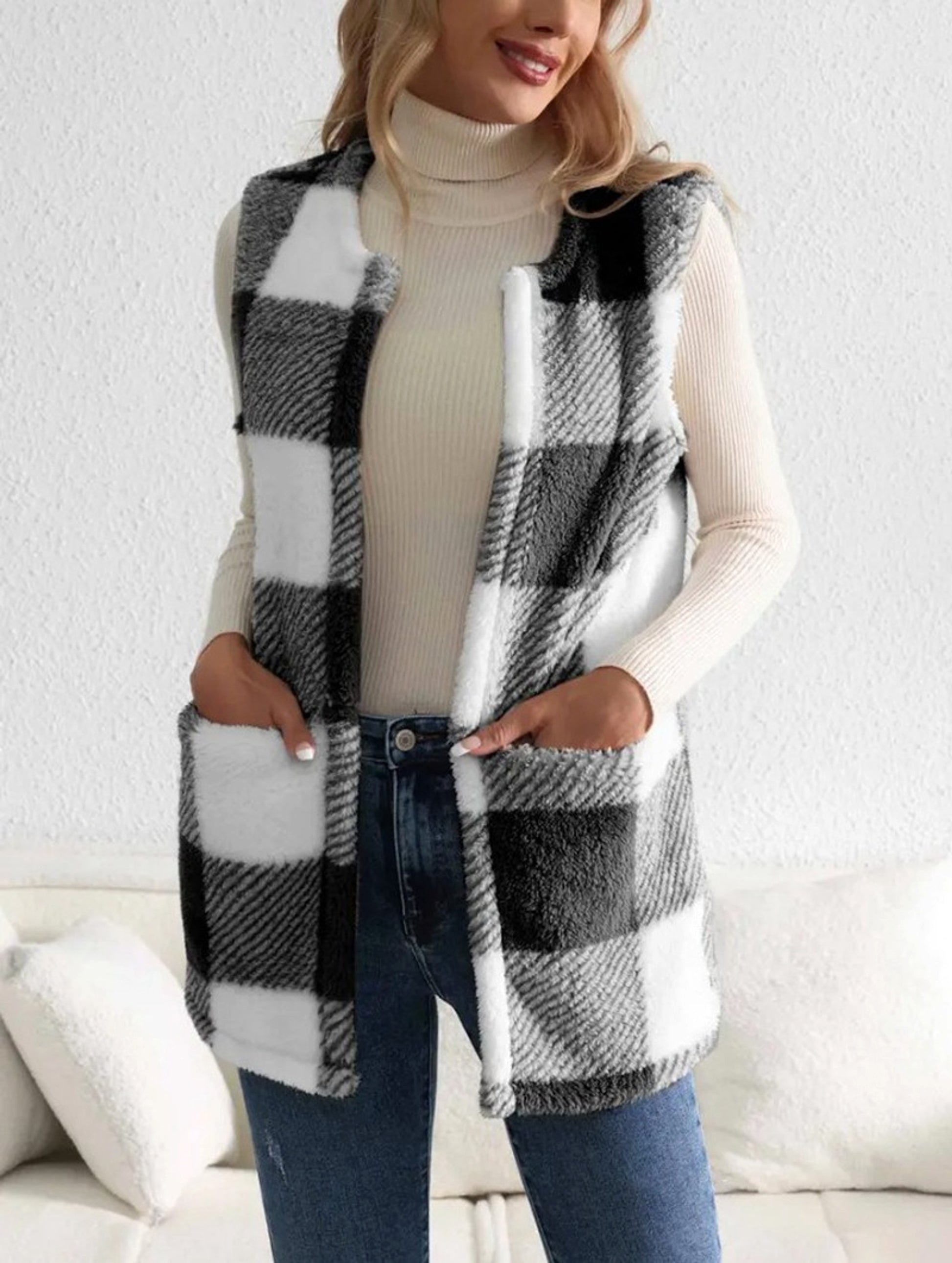 A.1 Coat Loose Plaid Color Stitching Knitted Cardigan Sweater Women - enhanced image 7