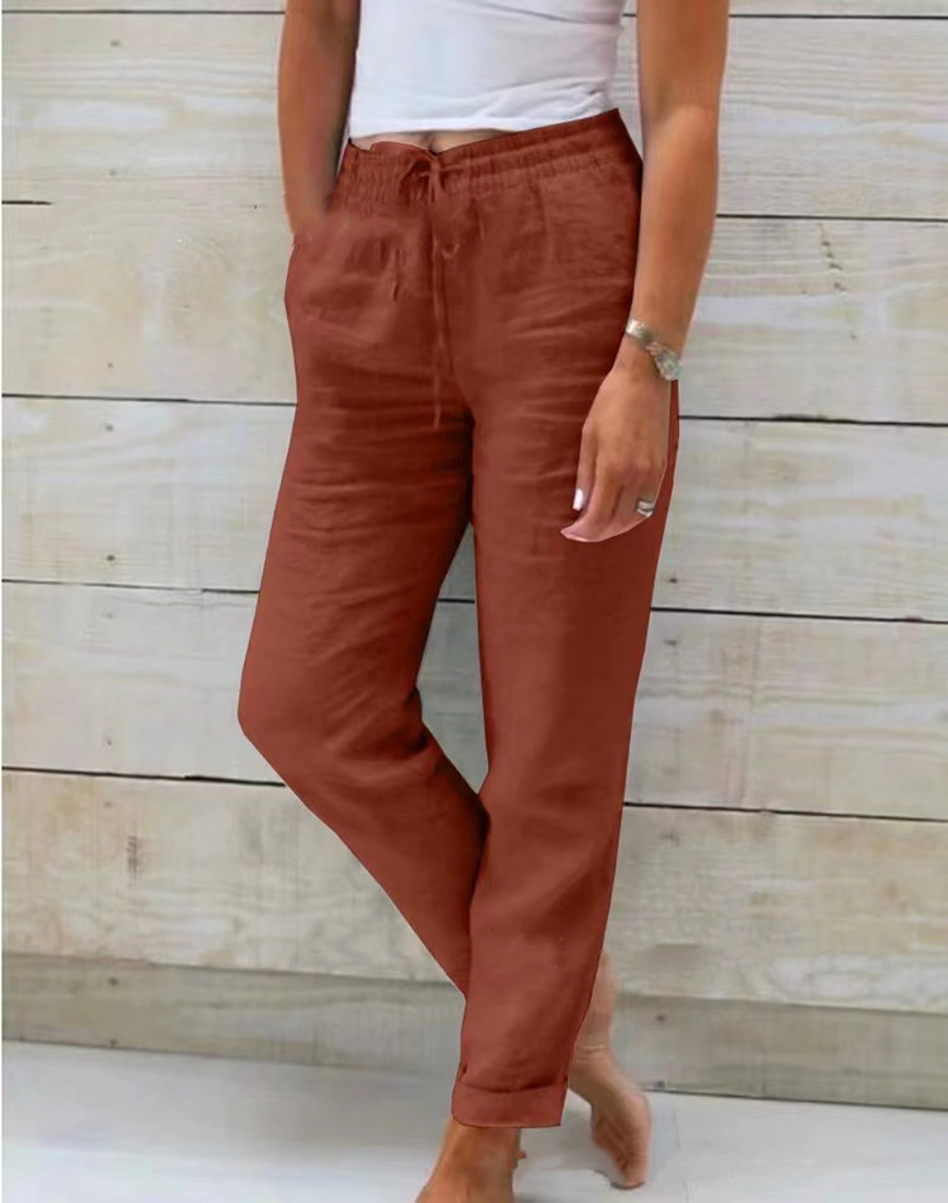 Women's High Waist Elastic Cotton And Linen Casual Pants - enhanced image 7