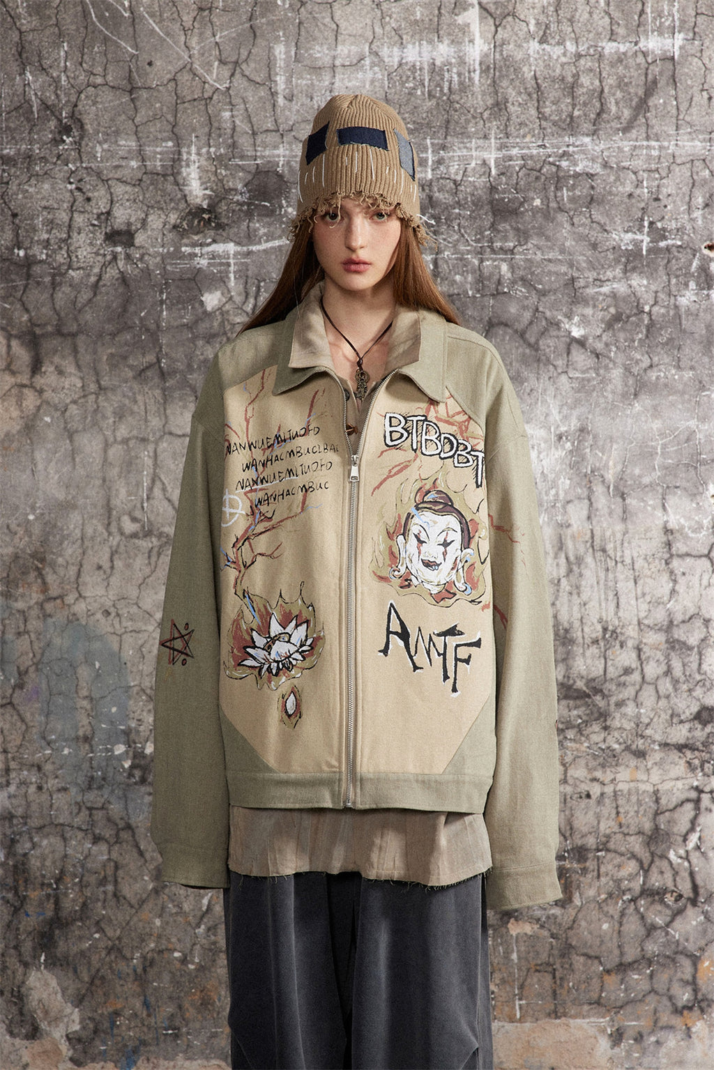 Cultural Graffiti Oil Painting Patterned Denim Jacket Men - enhanced image 7