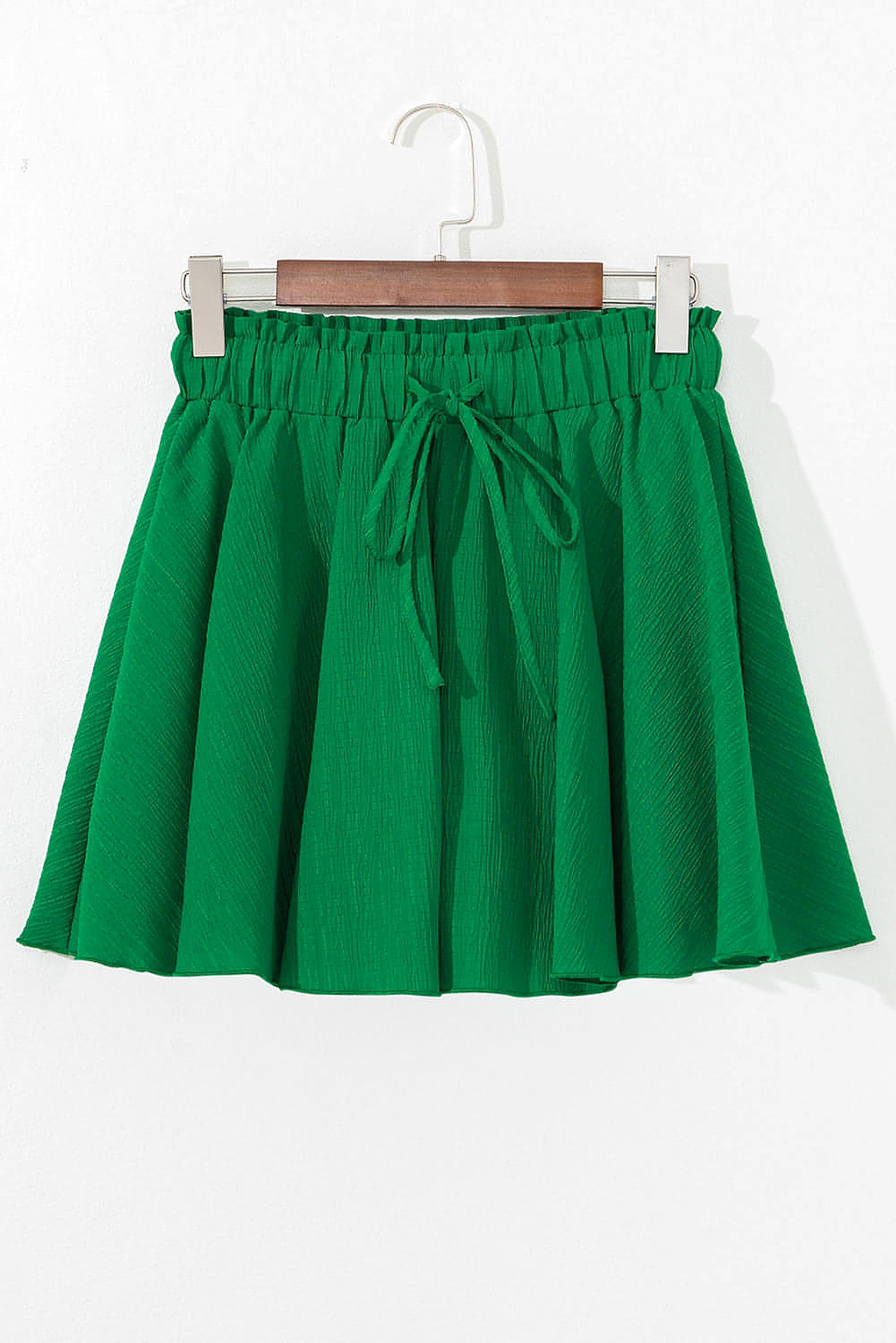 Dark Green Textured Frilled Lace-up High Waist Ruffle Wide Leg Shorts - enhanced image 7