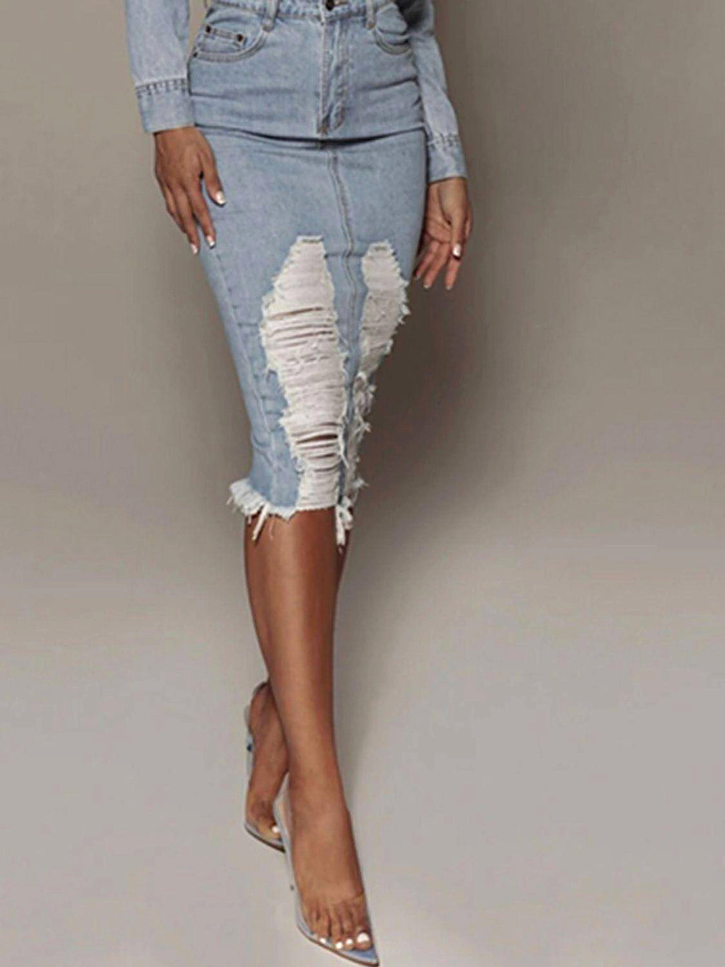 Distressed Slit Denim Skirt - enhanced image 7