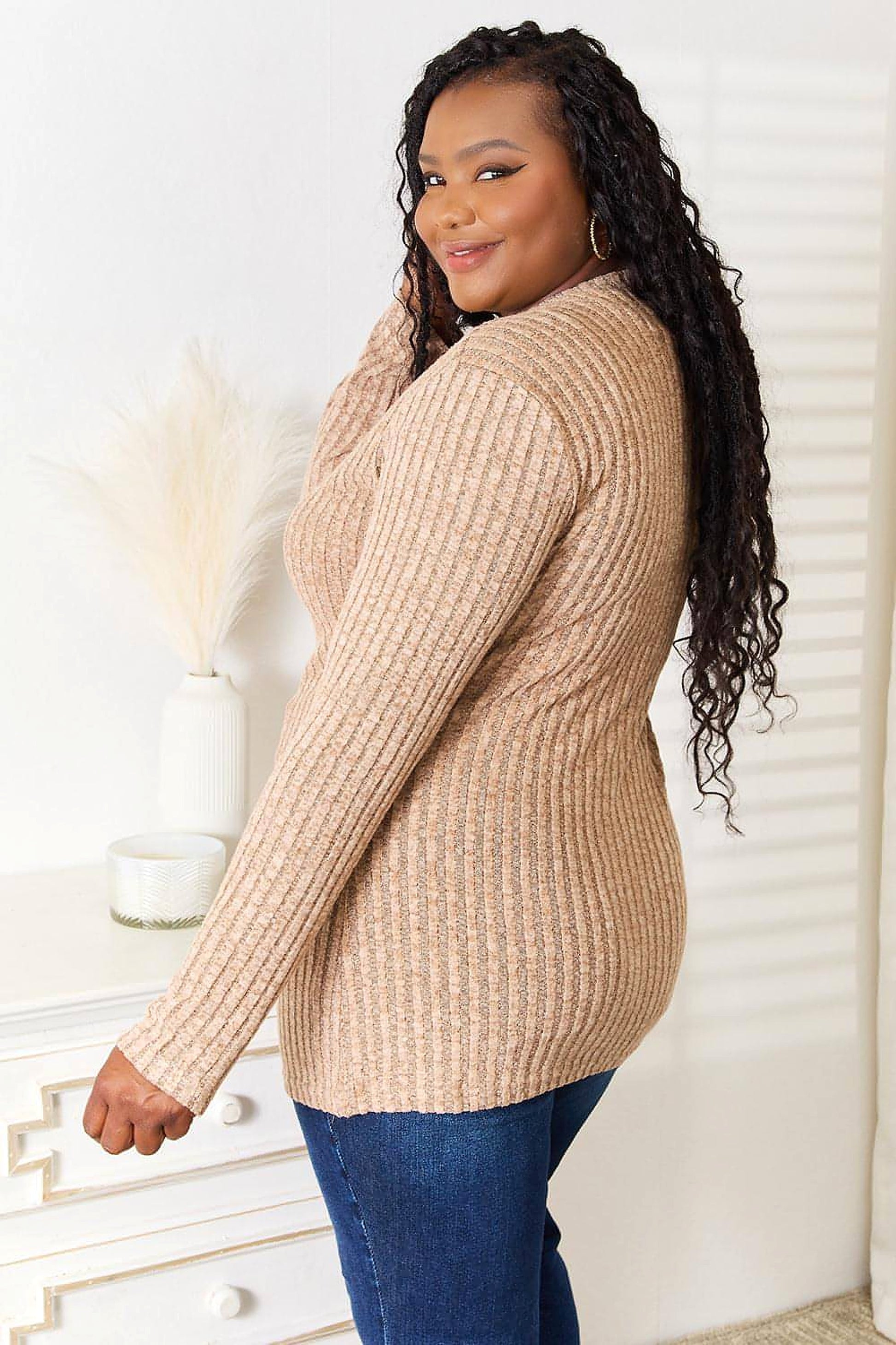 Double Take Notched Neck Ribbed Long Sleeve T-Shirt - enhanced image 7