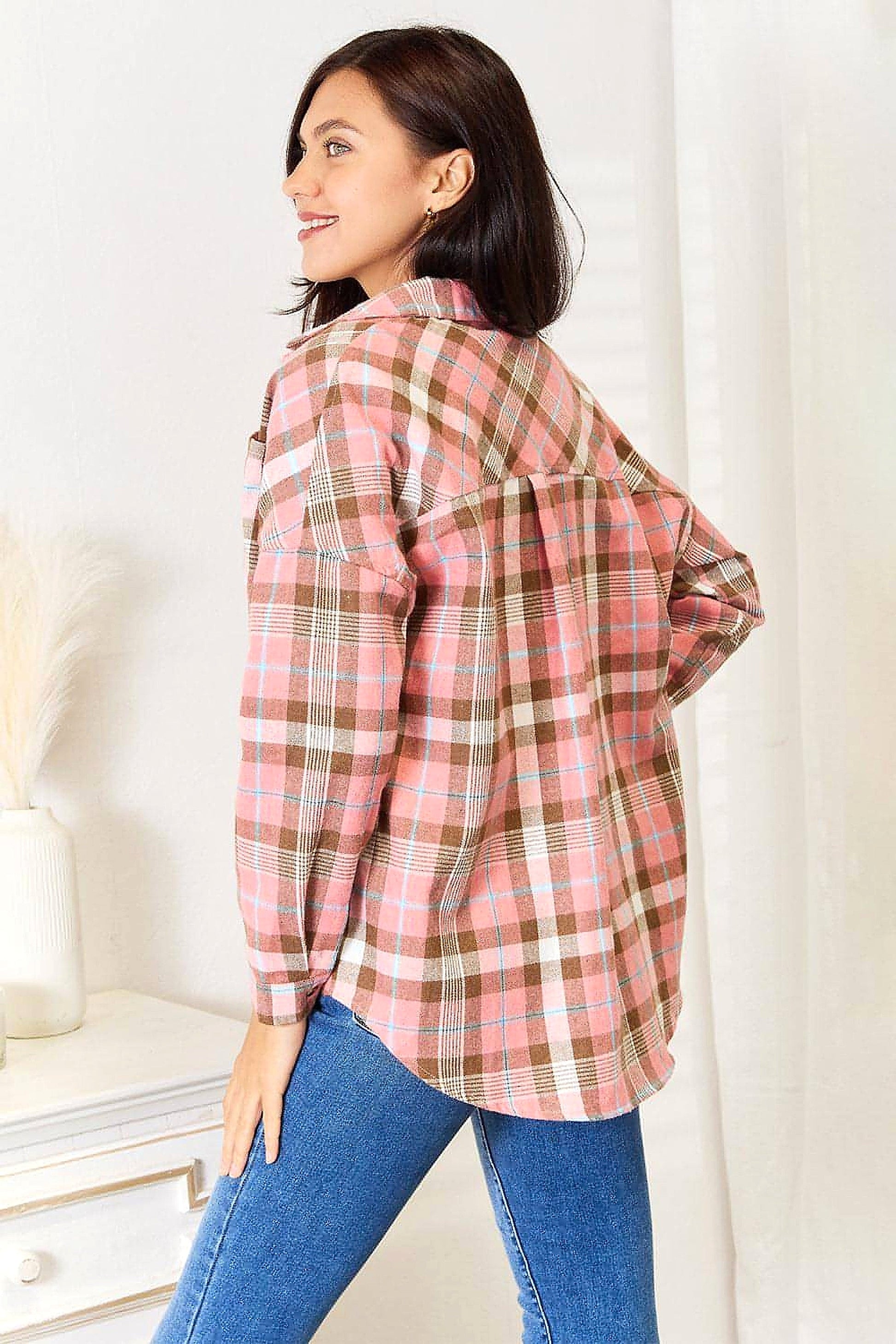 Double Take Plaid Collared Neck Long Sleeve Button-Up Shirt - enhanced image 7