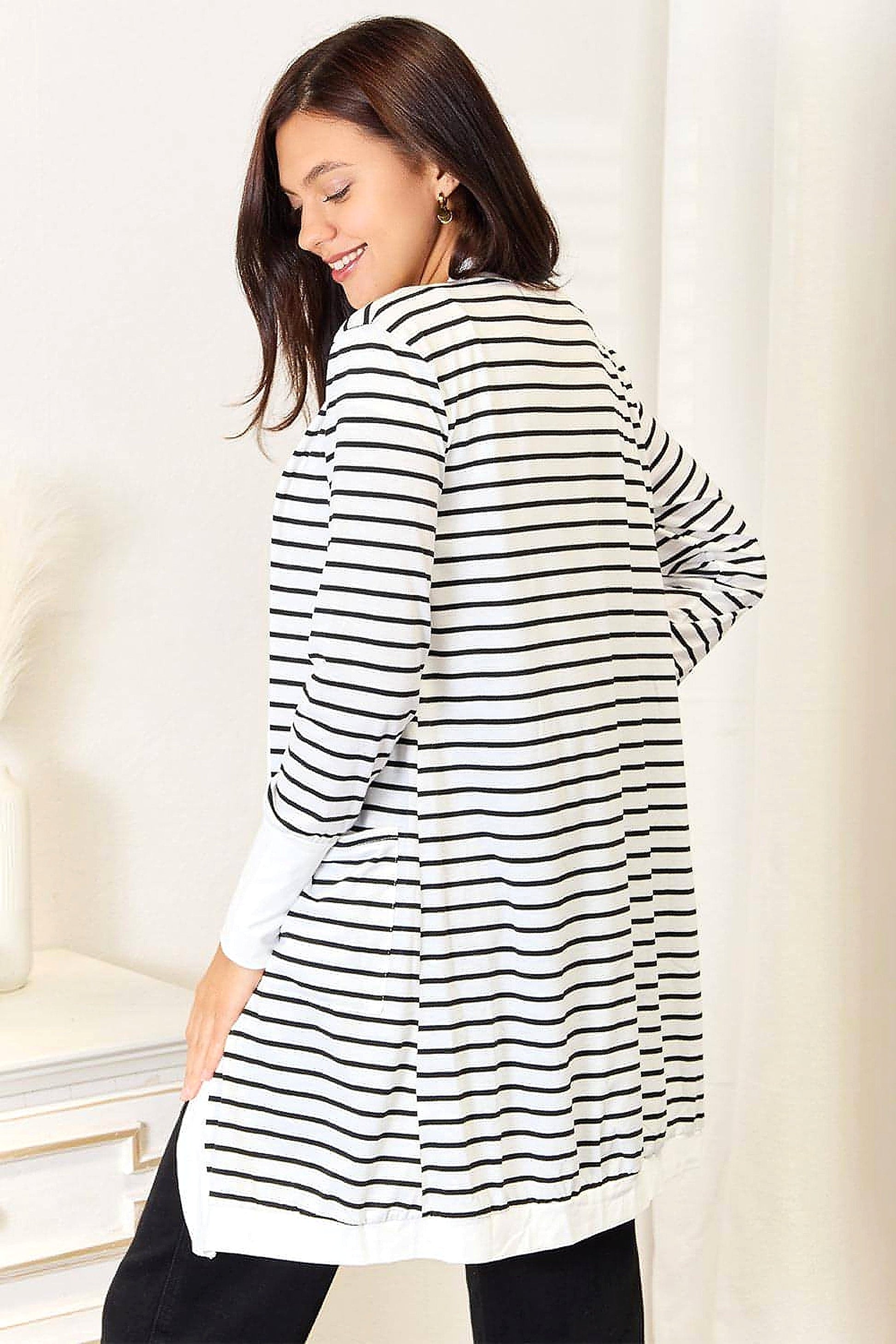 Double Take Striped Open Front Longline Cardigan - enhanced image 7
