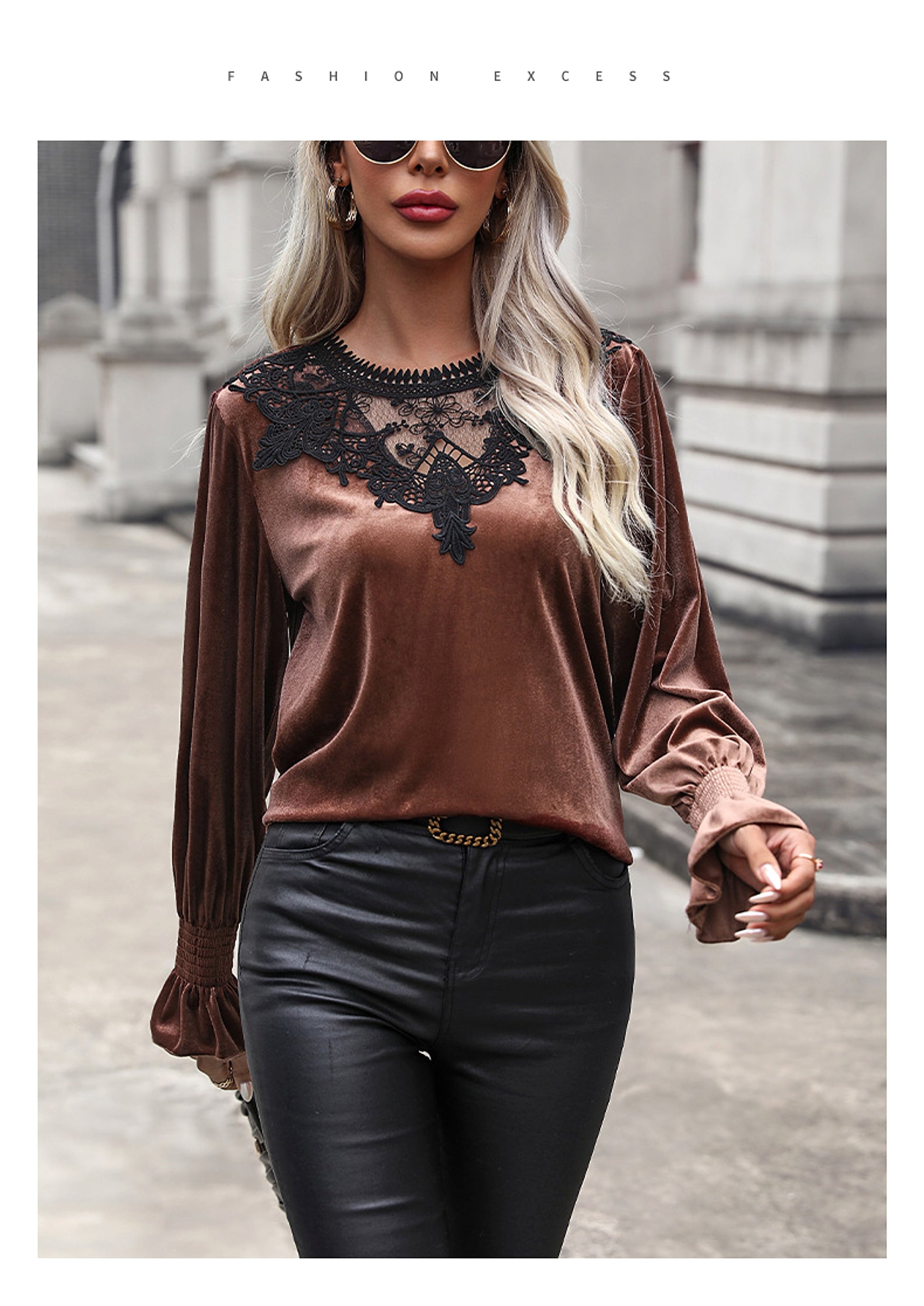 Elegant Velvet T-shirt Lace Stitching Smocking Loose Long Sleeve Top - enhanced image 7
