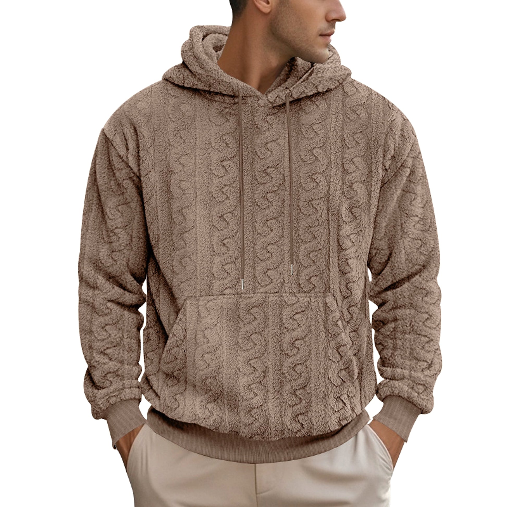 European And American Fall Winter Men Hooded Jacquard Teddy Plush Sports And Leisure Sweater - enhanced image 7