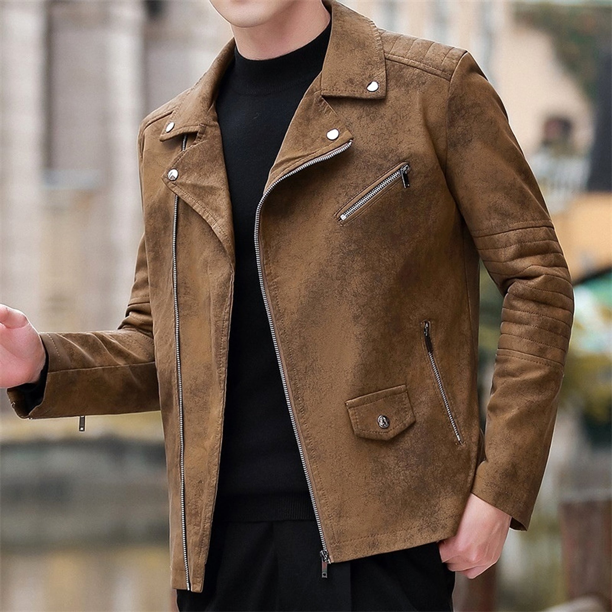 Fashion Velvet Padded Leather Coat Men's Suit Collar Jacket - enhanced image 7