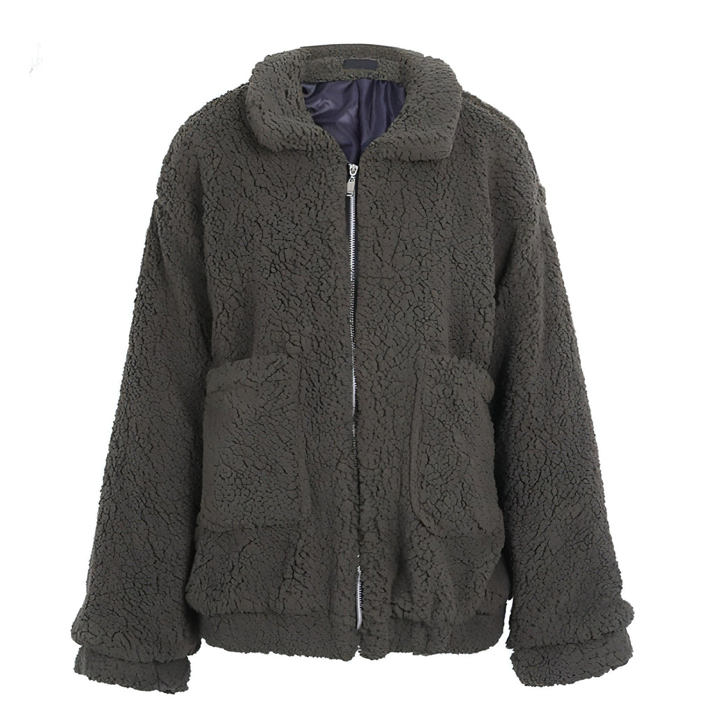 Faux lambswool oversized jacket coat Winter black warm hairly jacket Women autumn outerwear - enhanced image 7