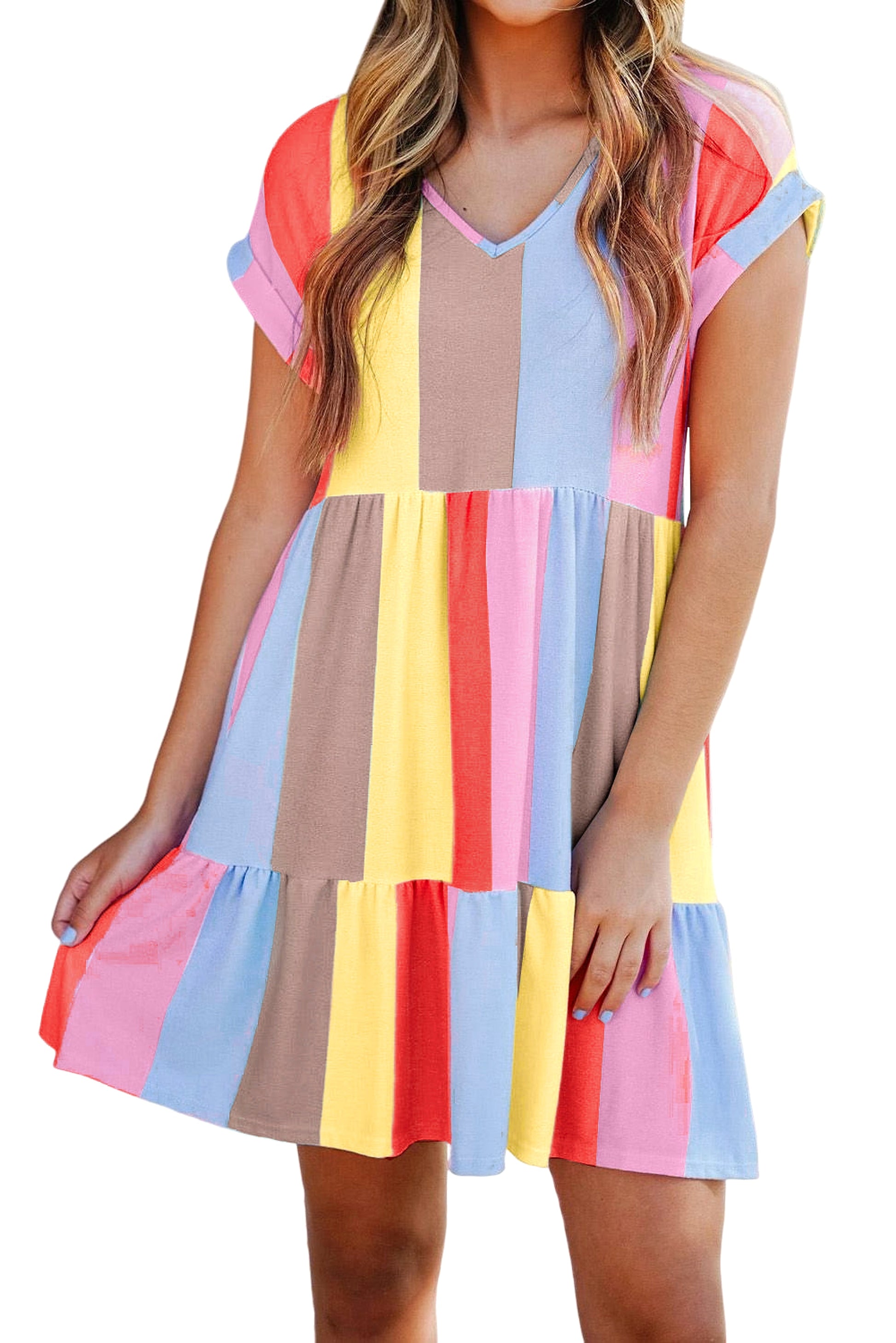 Fiery Red Multicolor Striped Color Block Tiered Mini Dress - enhanced image 7