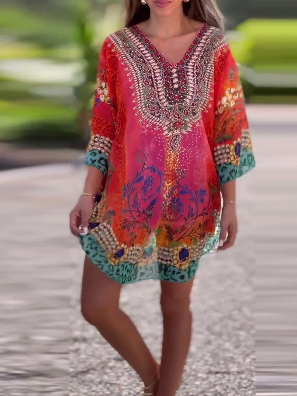 Floral Print V-Neck Cover Up - enhanced image 7