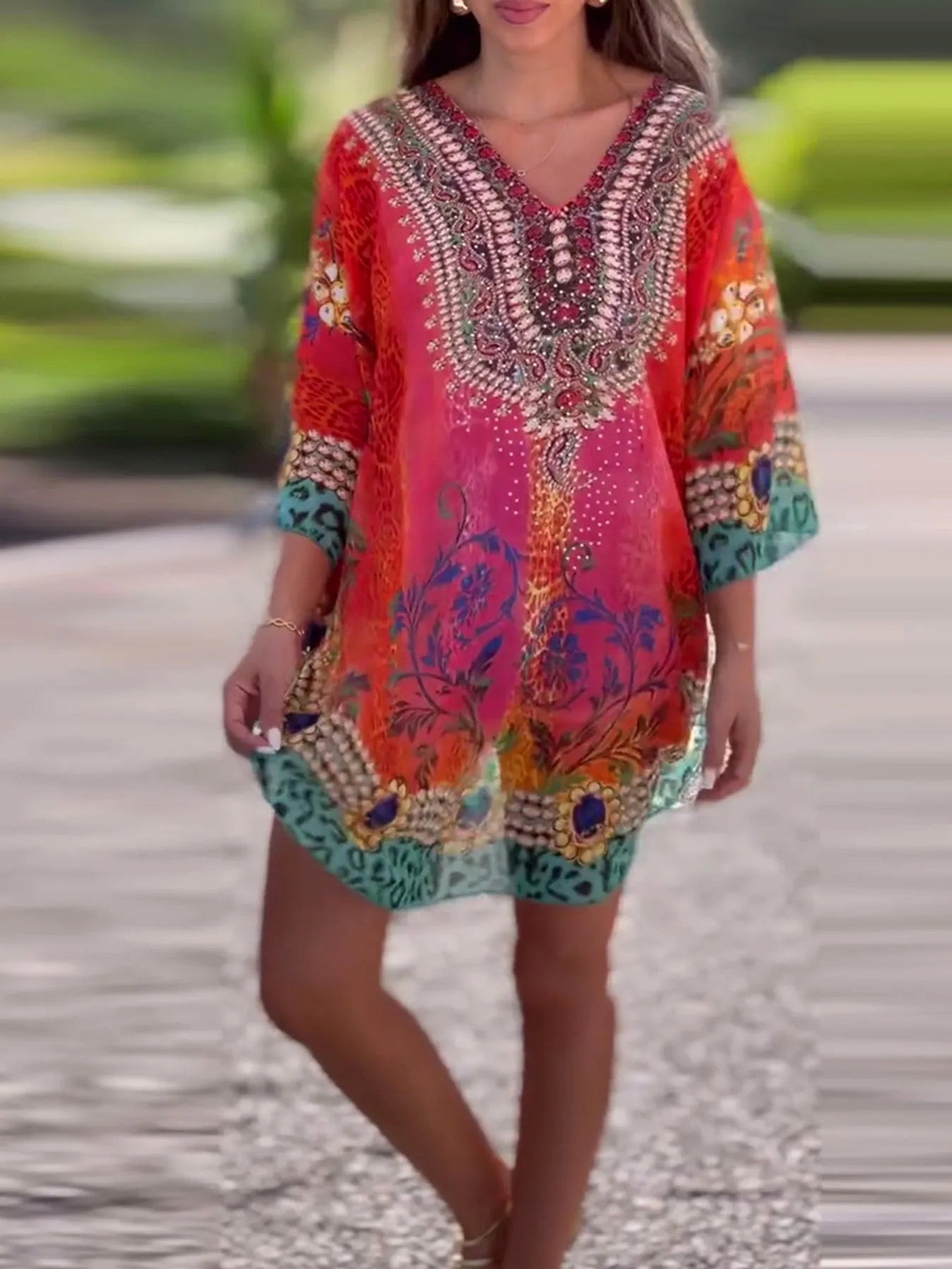 Floral Print V-Neck Cover Up - enhanced image 7