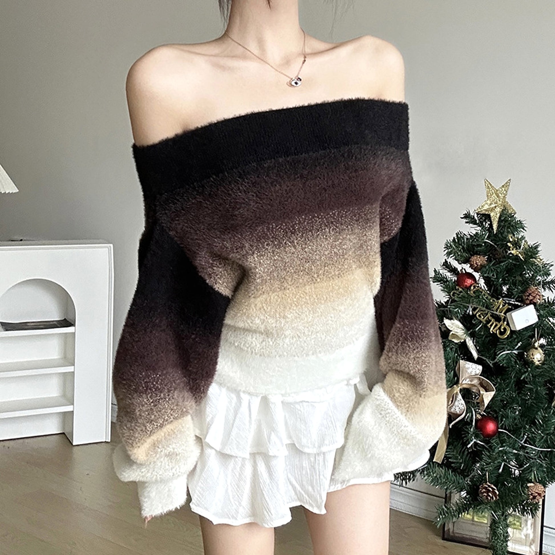 Gradient Off-neck Long-sleeved Woolen Top Women Sweater - enhanced image 7