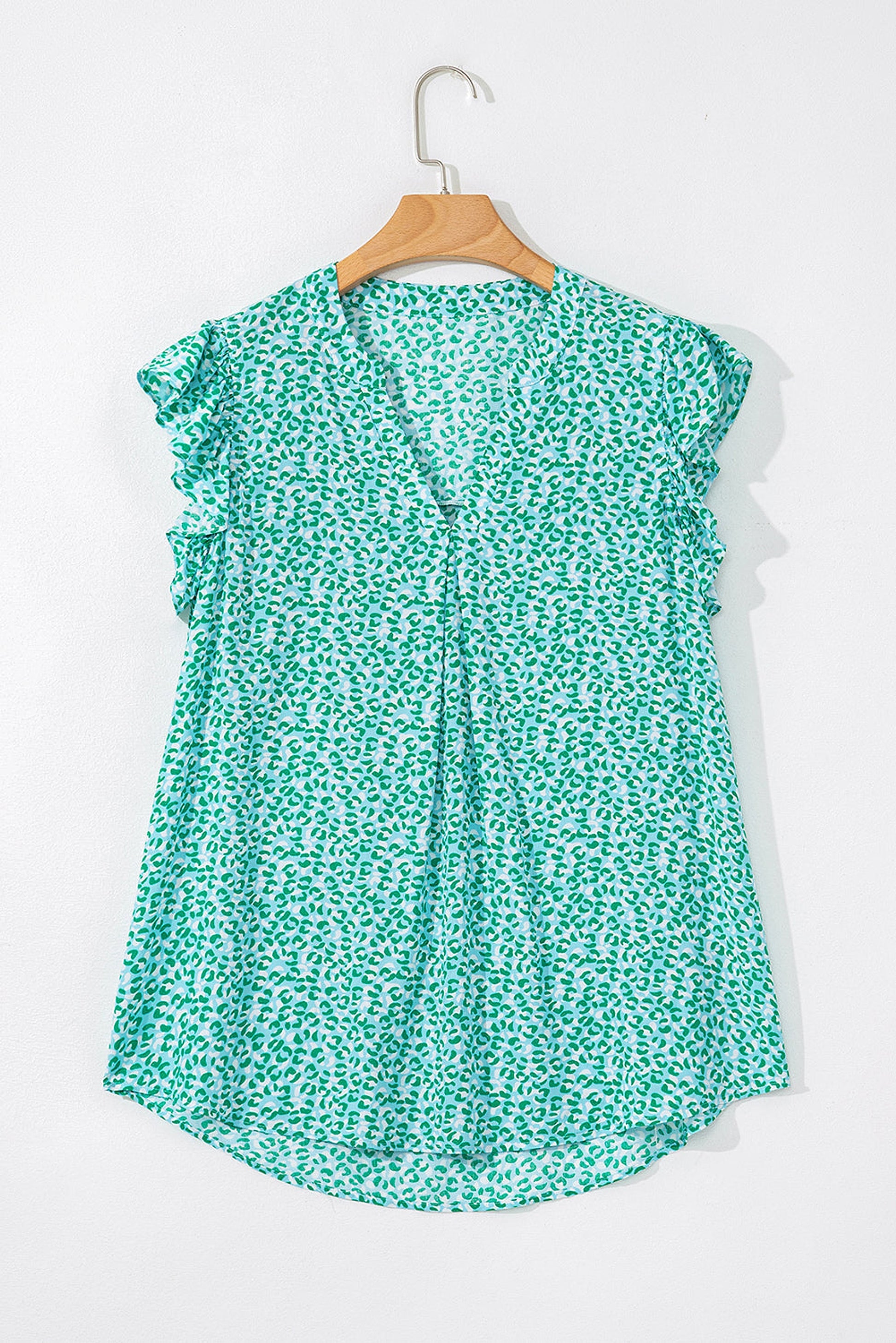 Green Notched V Neck Leopard Ruffle Short Sleeve Blouse - enhanced image 7