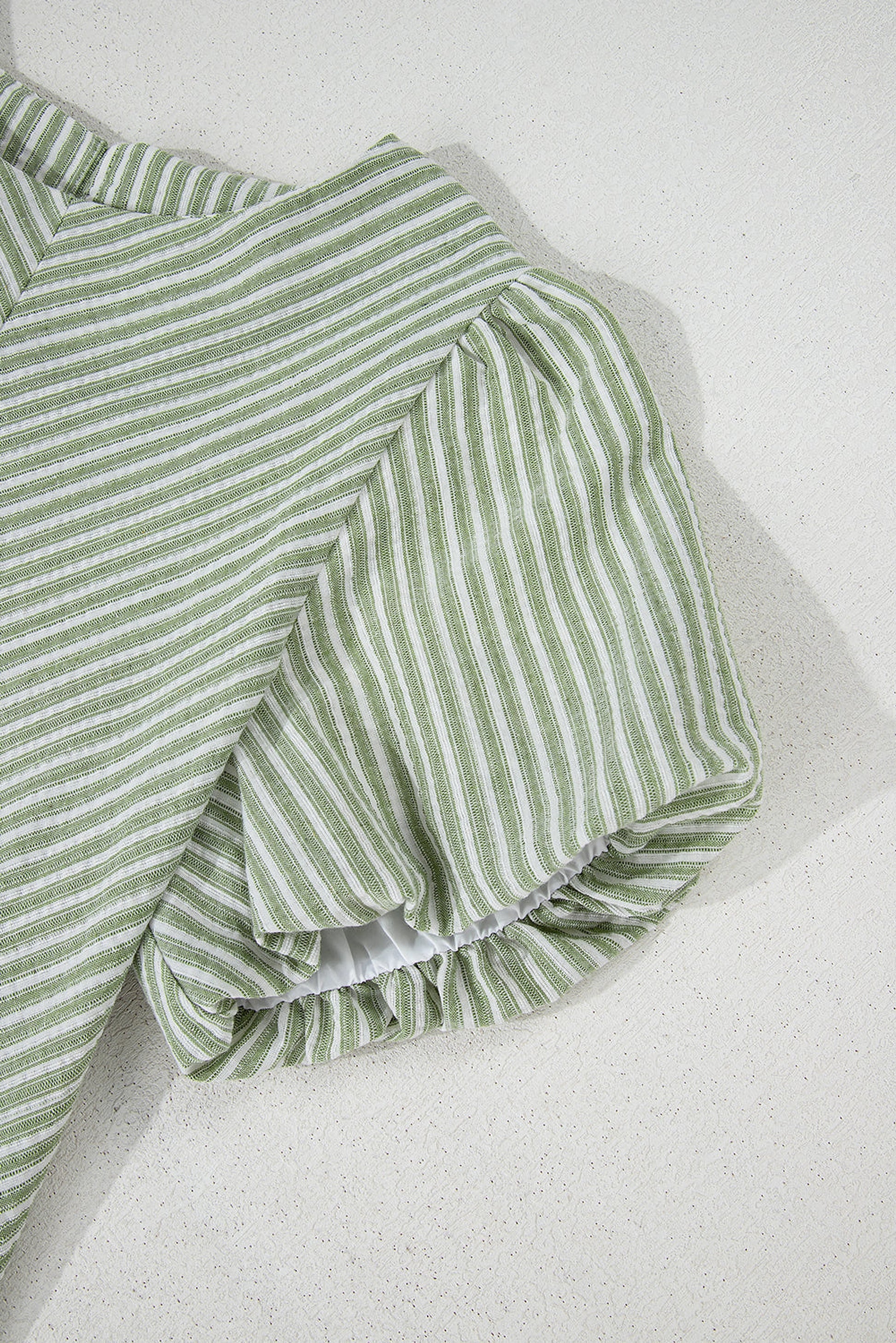Green Stripe Textured Round Neck Short Puff Sleeve Blouse - enhanced image 7