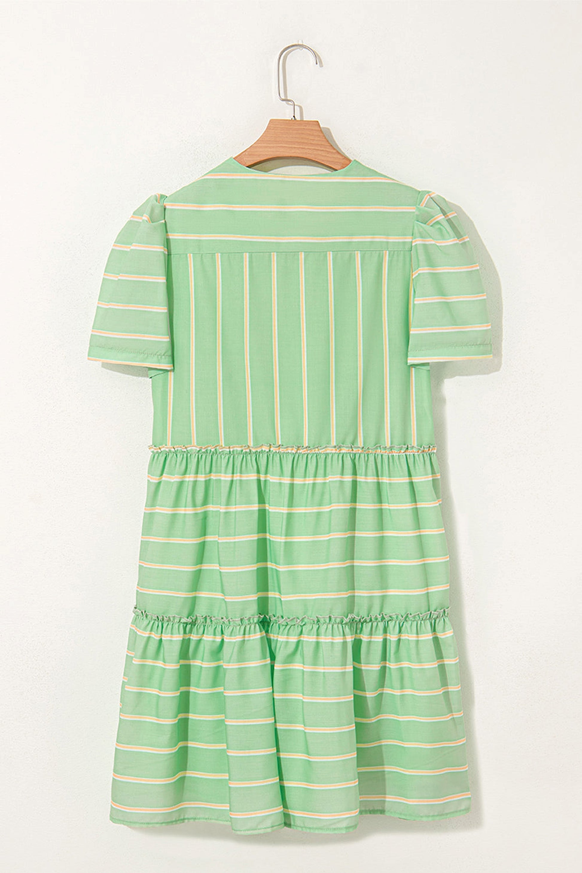 Green Stripe V Neck Short Sleeve Frilled Detail A-line Dress - enhanced image 7