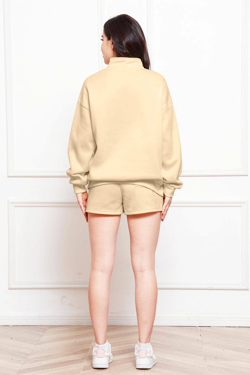 Half Zip Long Sleeve Sweatshirt and Drawstring Shorts Set - enhanced image 7