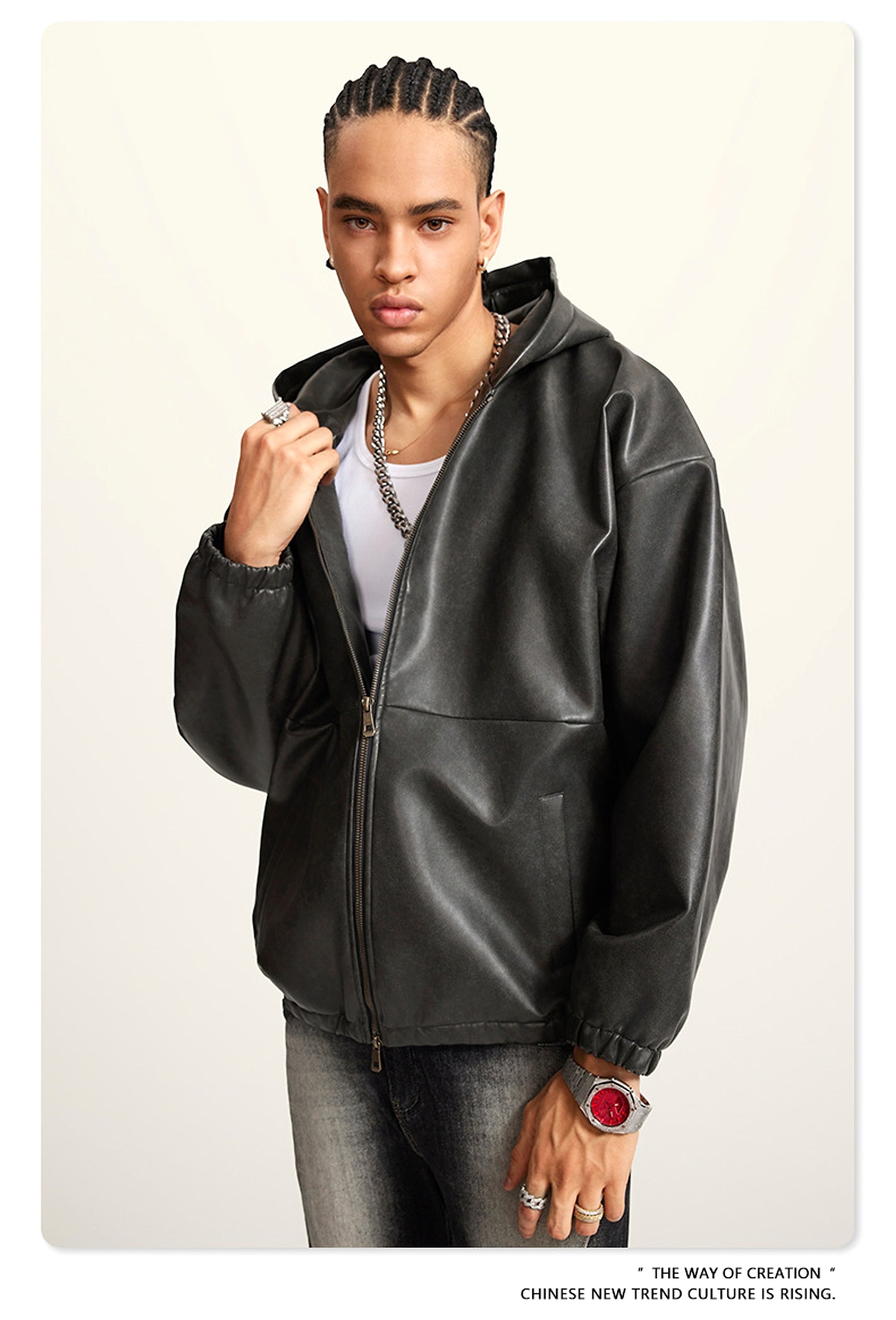 Heavy American Retro Fashion Brand Leather Coat Jacket Ment - enhanced image 7