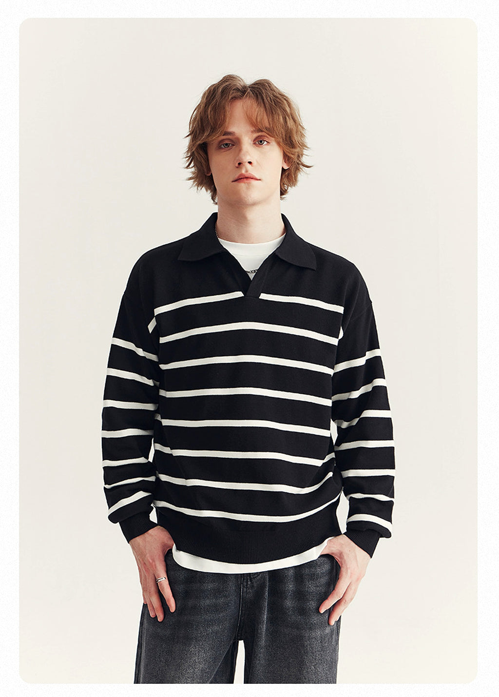 High-grade Loose Contrast Color Striped Sweater Long Sleeve Inner Wear Sweater For Men - enhanced image 7