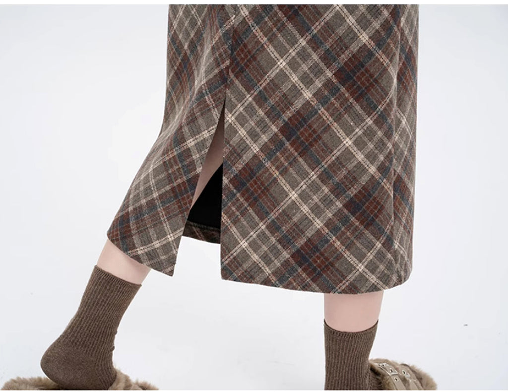 High Waist Mid-length Woolen Plaid Skirt For Women - enhanced image 7
