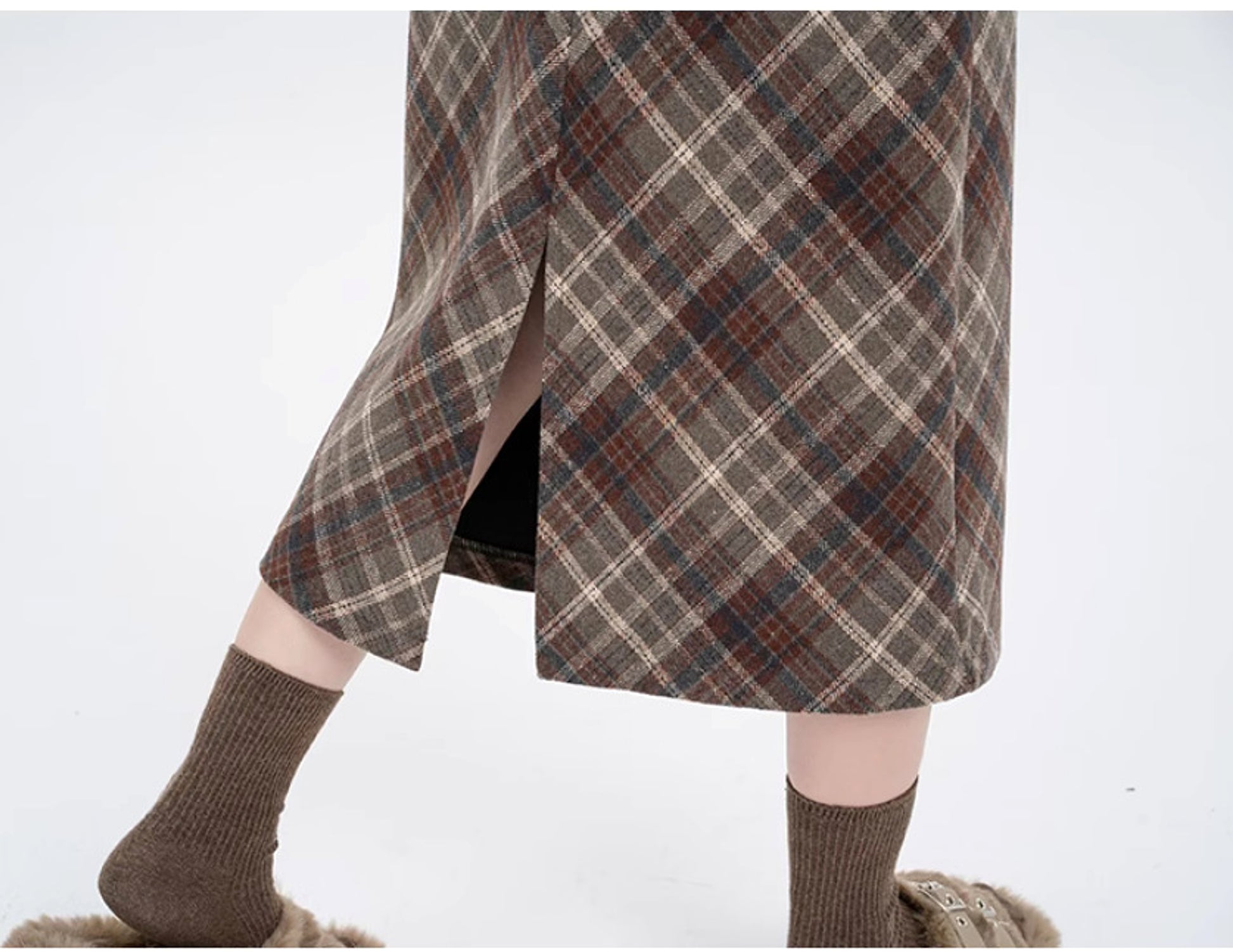 High Waist Mid-length Woolen Plaid Skirt For Women - enhanced image 7
