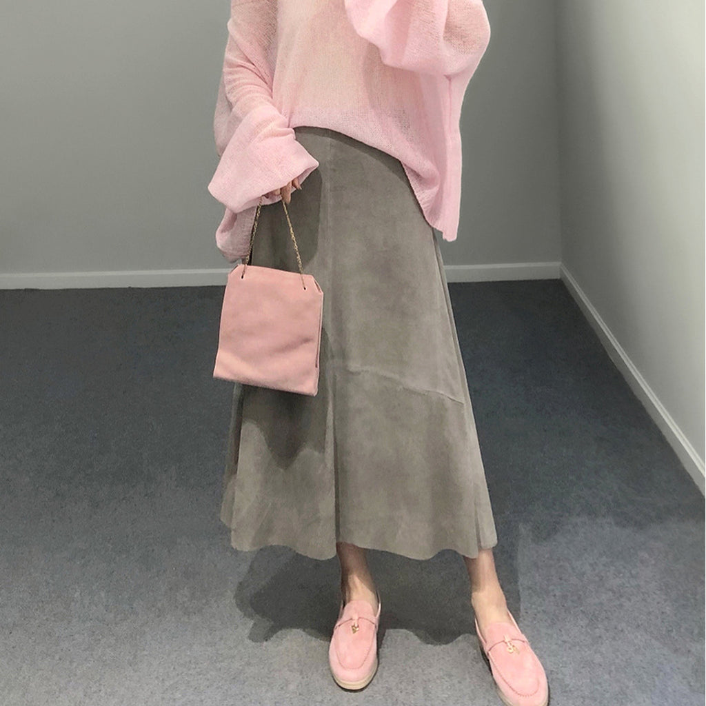 High Waist Sheepskin Suede Commute Minimalist Overknee Long Skirt - enhanced image 7