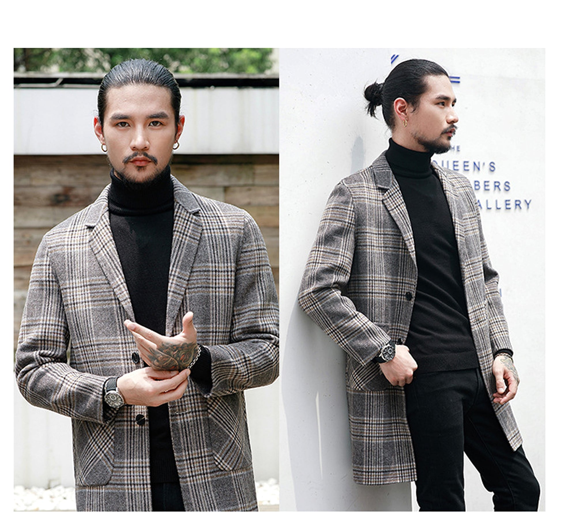 Houndstooth reversible men's plaid woolen trench coat - enhanced image 7