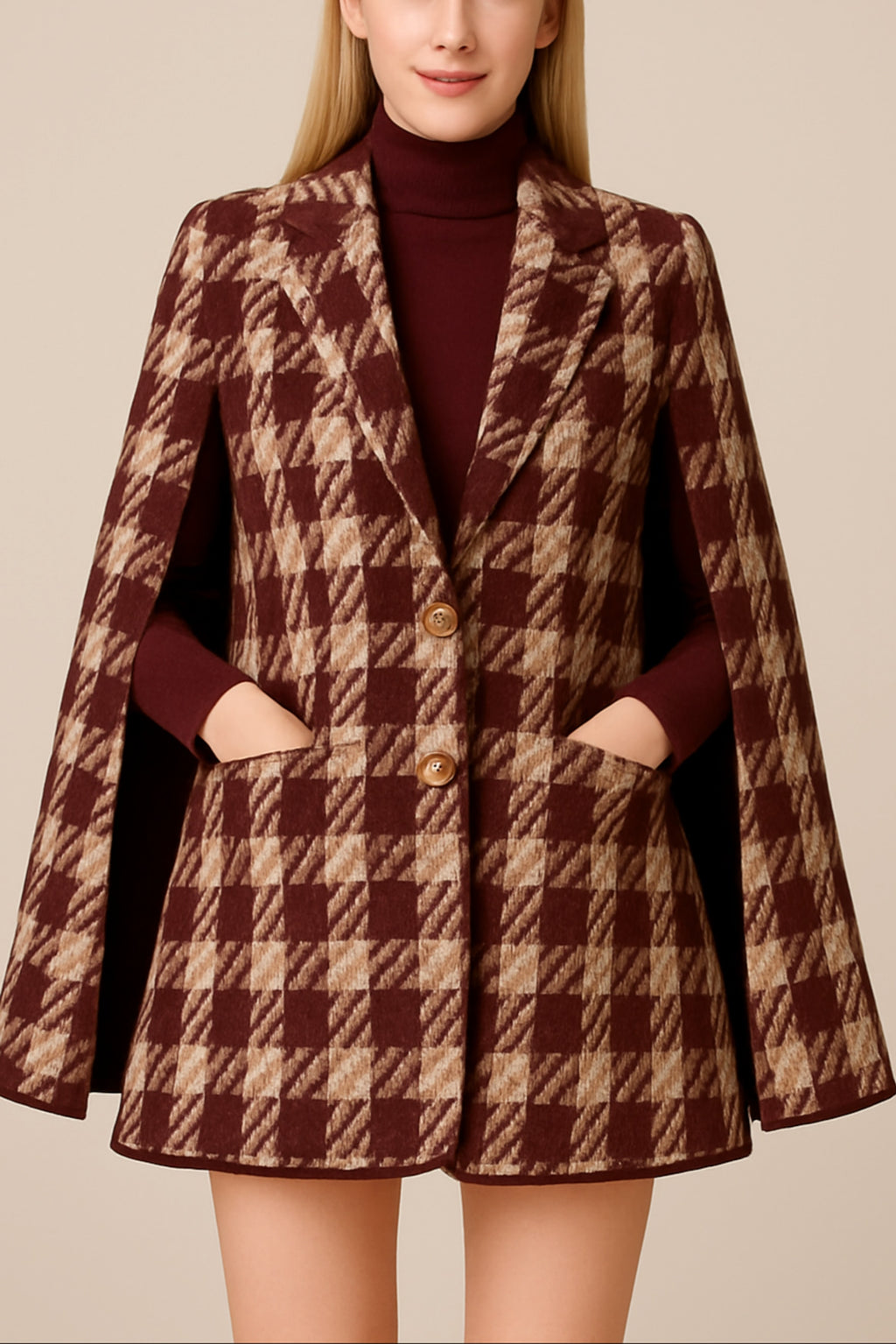 Houndstooth Woolen Cape Coat & Shorts – Elegant & Fashionable Set - enhanced image 7