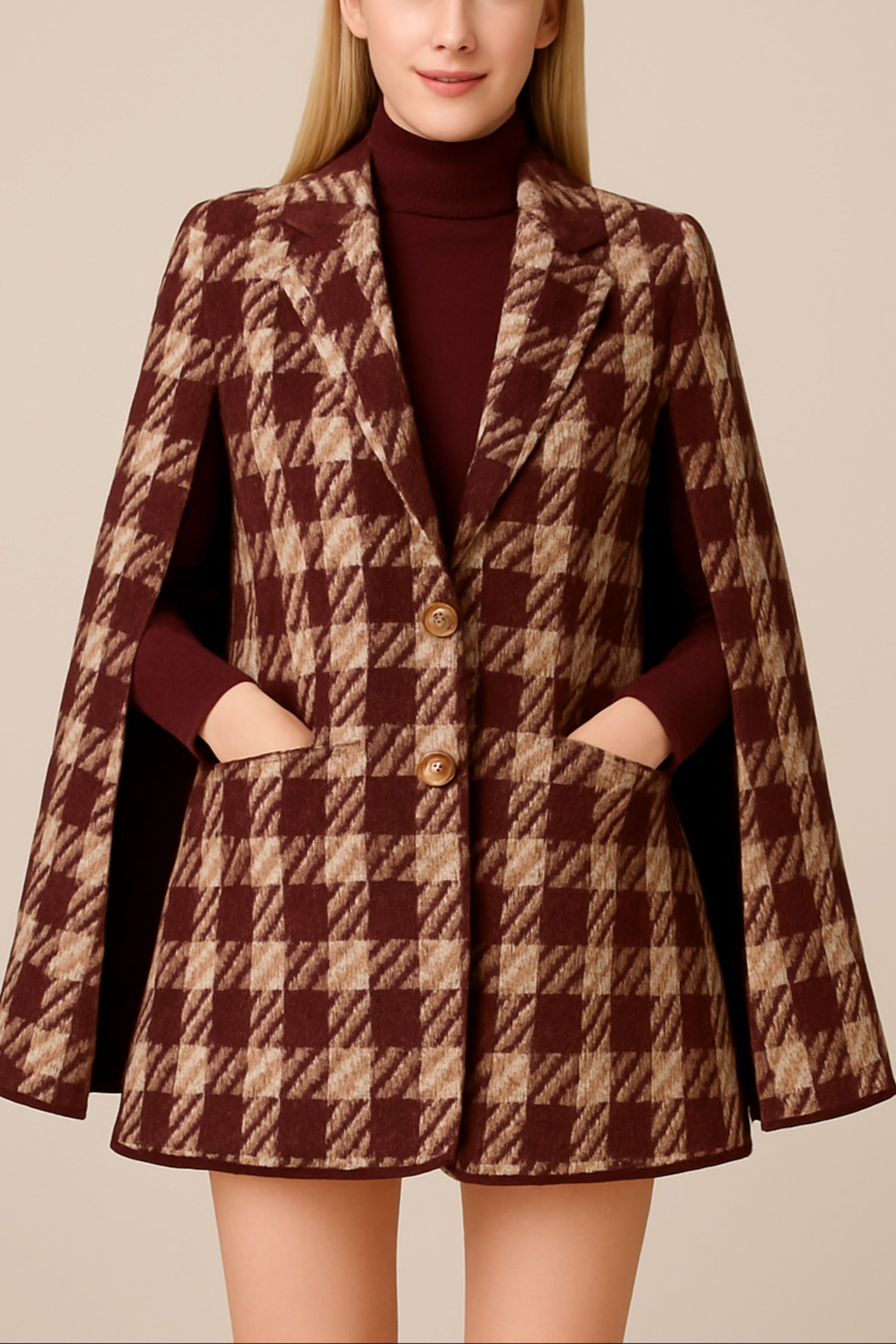 Houndstooth Woolen Cape Coat & Shorts – Elegant & Fashionable Set - enhanced image 7