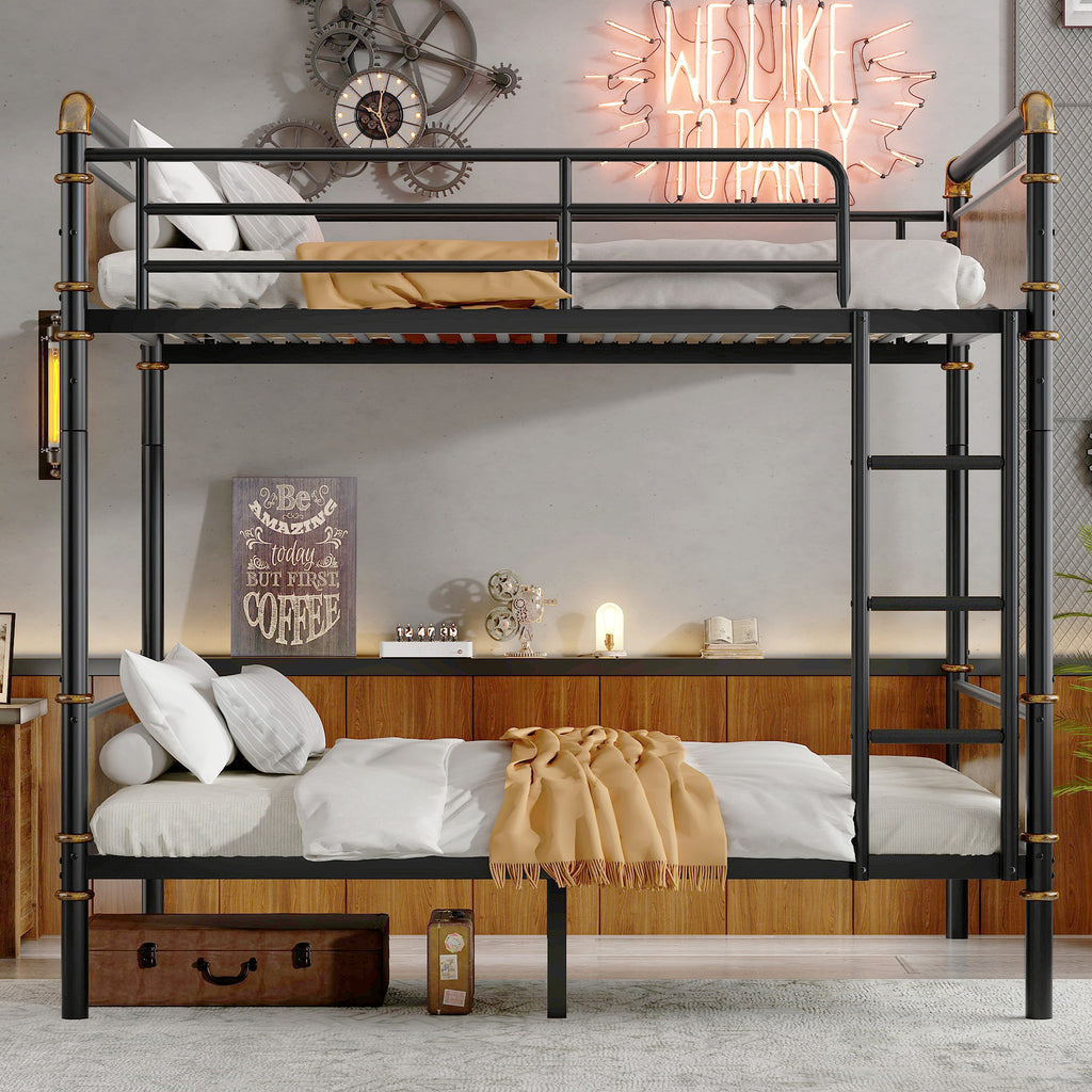 IronLoft™ – Twin XL Over Twin XL Metal Bunk Bed with Rustic Wood Finish & Safety Rail (US Warehouse) - enhanced image 7