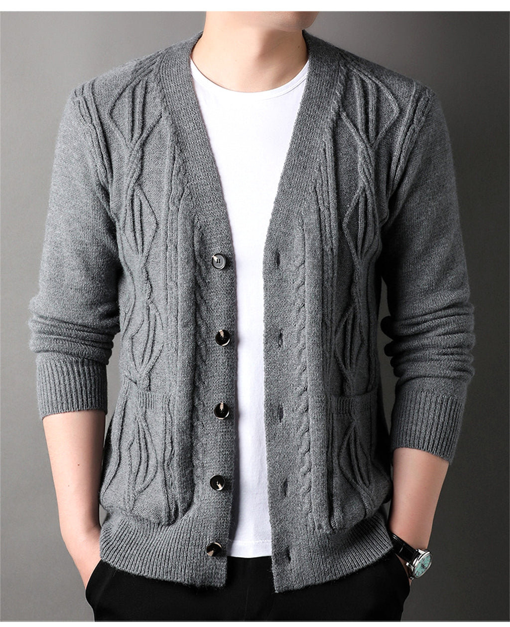 Knitted Cardigan Rhombus Loose Casual Sweater Coat Men - enhanced image 7