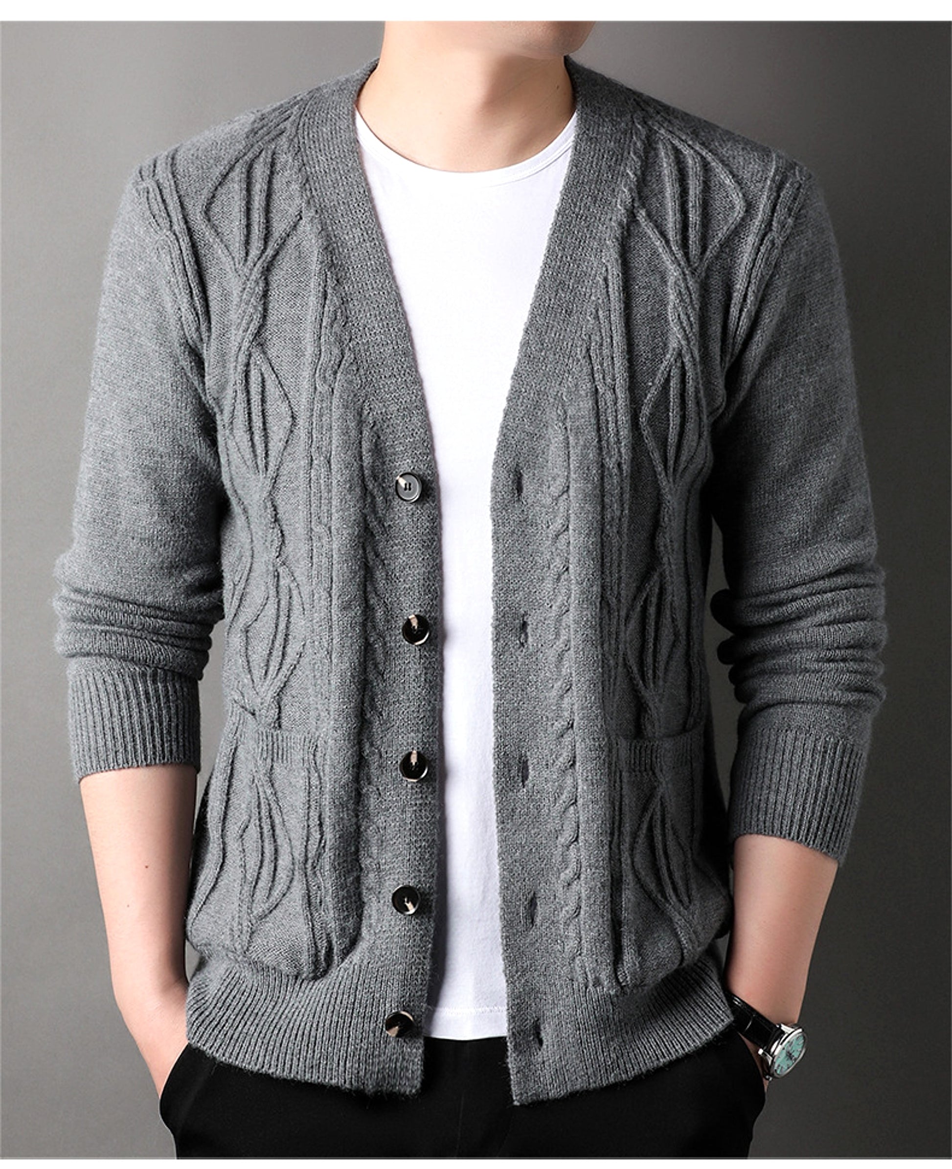 Knitted Cardigan Rhombus Loose Casual Sweater Coat Men - enhanced image 7