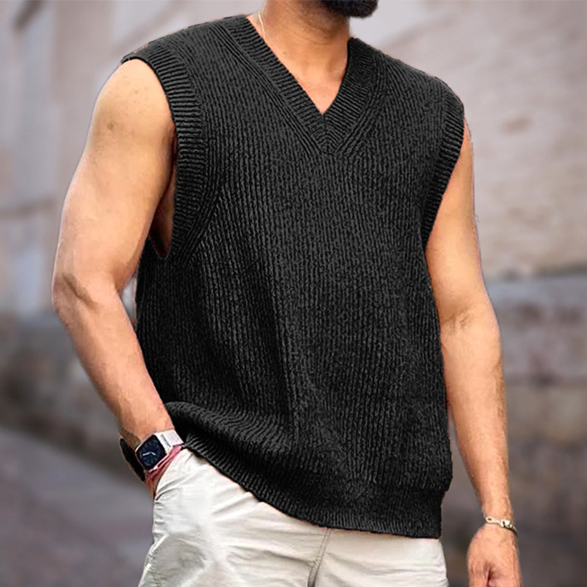 Knitwear Street Slim Fit V-neck Sleeveless Vest Sweater Men - enhanced image 7