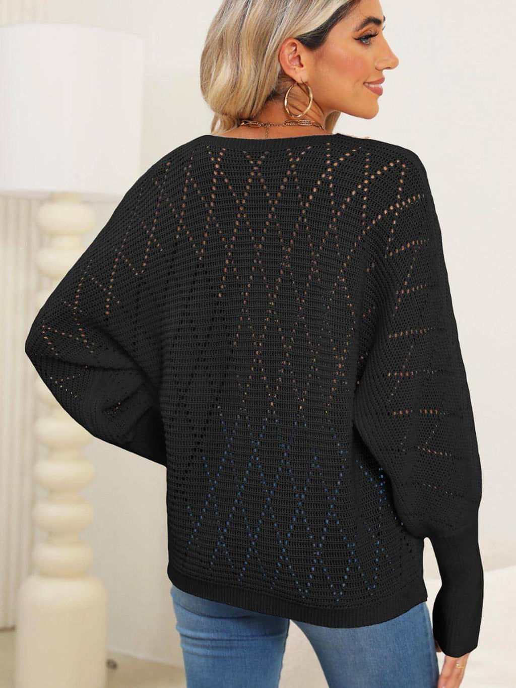 Lace Detail V-Neck Long Sleeve Sweater - enhanced image 7