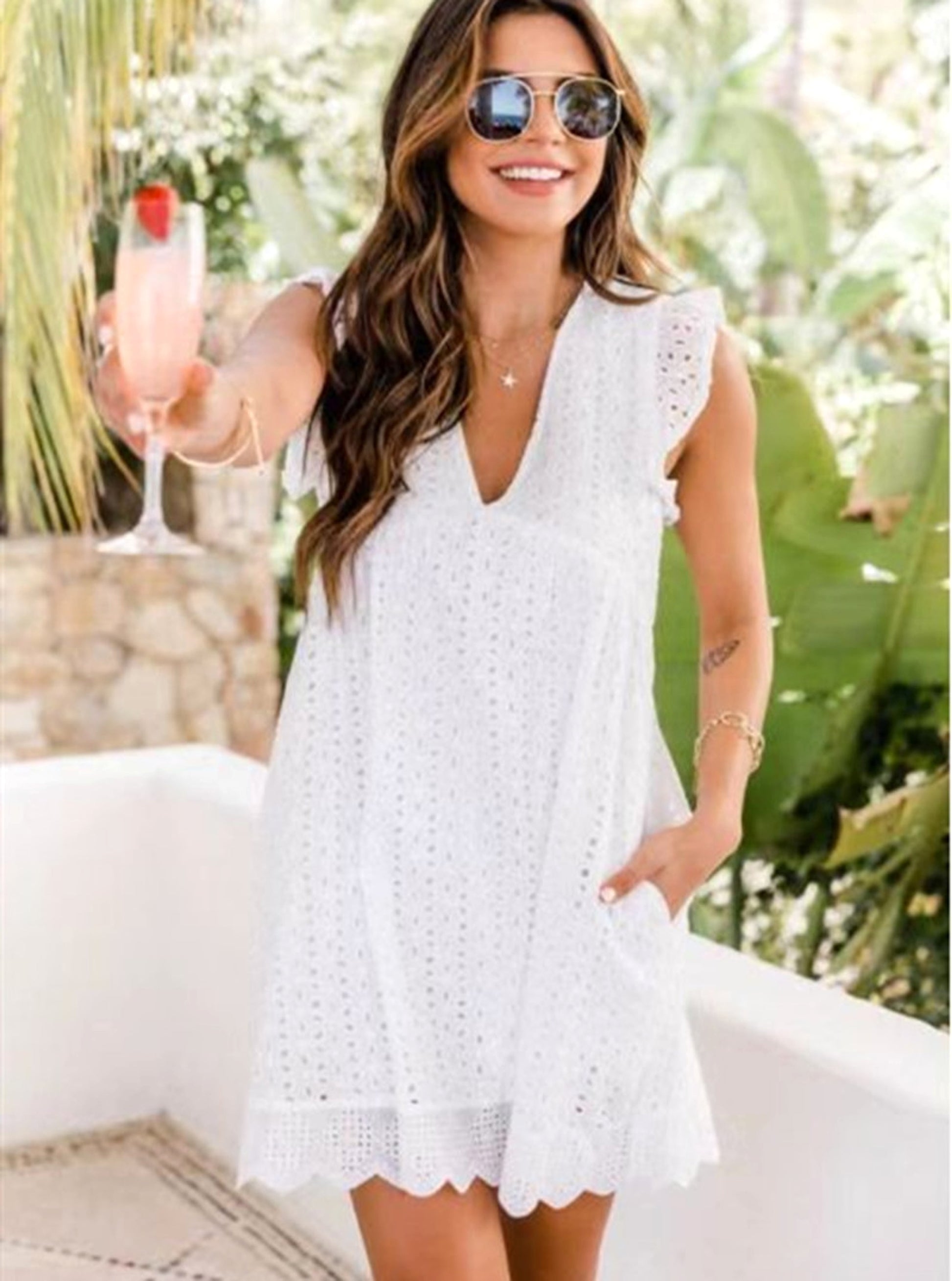 Lace Dresses With Pocket Summer Sleeveless Jacquard Cutout V-Neck Beach Dress - enhanced image 7