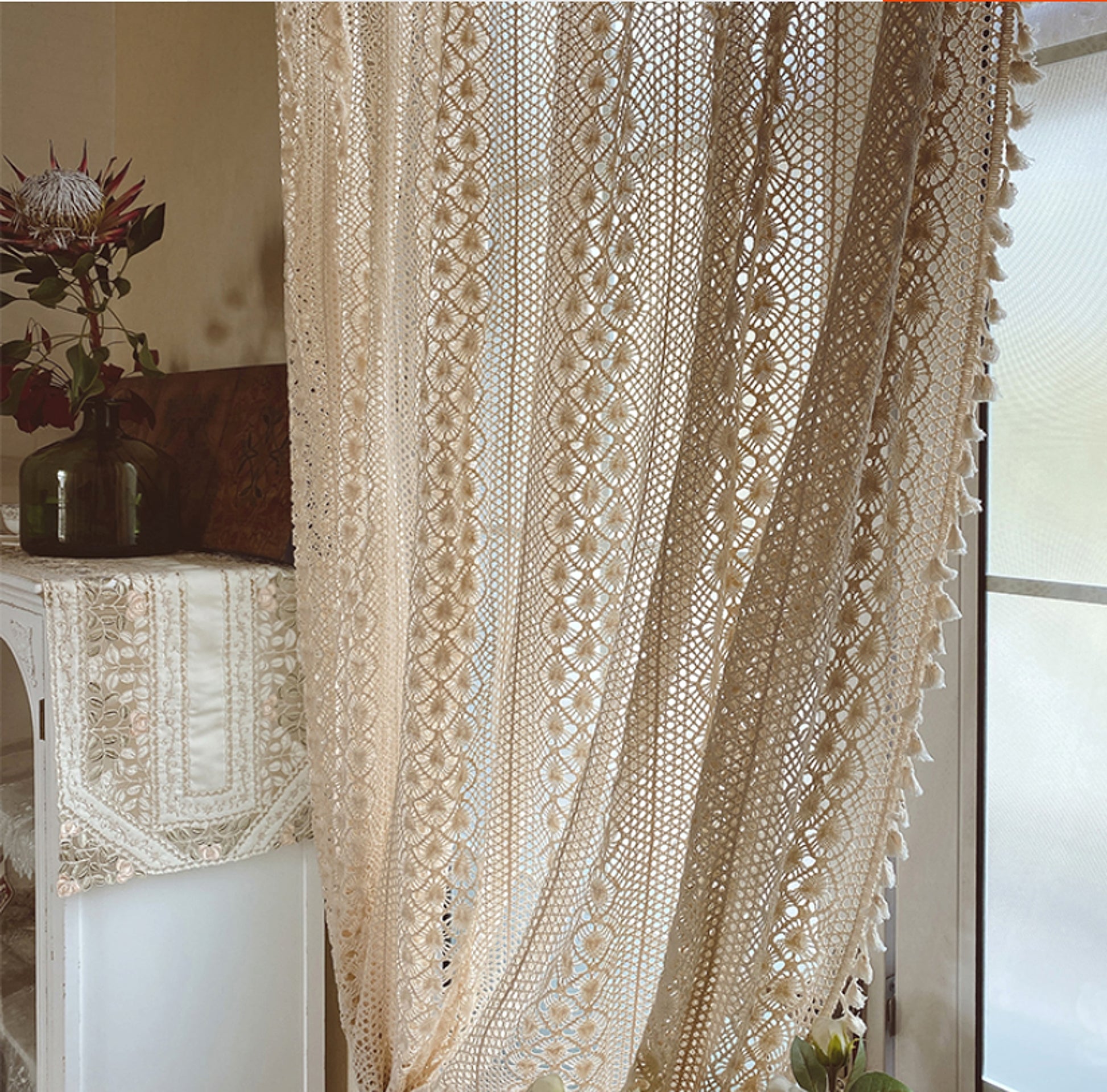 LaceHarvest™ – Cotton Hemp Crochet Curtain in Rustic Farmhouse Style - enhanced image 7