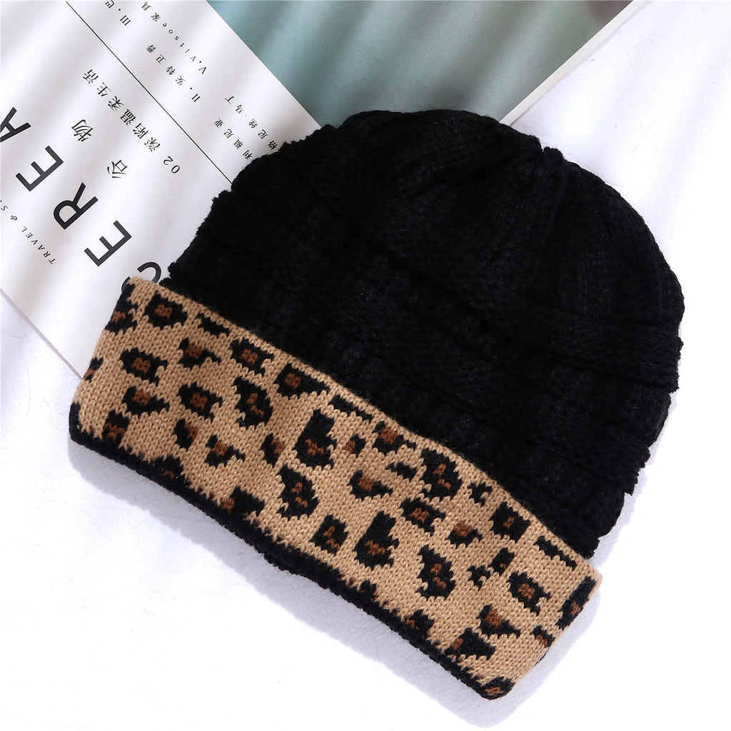 Ladies Autumn Winter Leopard Print Cuffed Acrylic Knitted Hat - enhanced image 7
