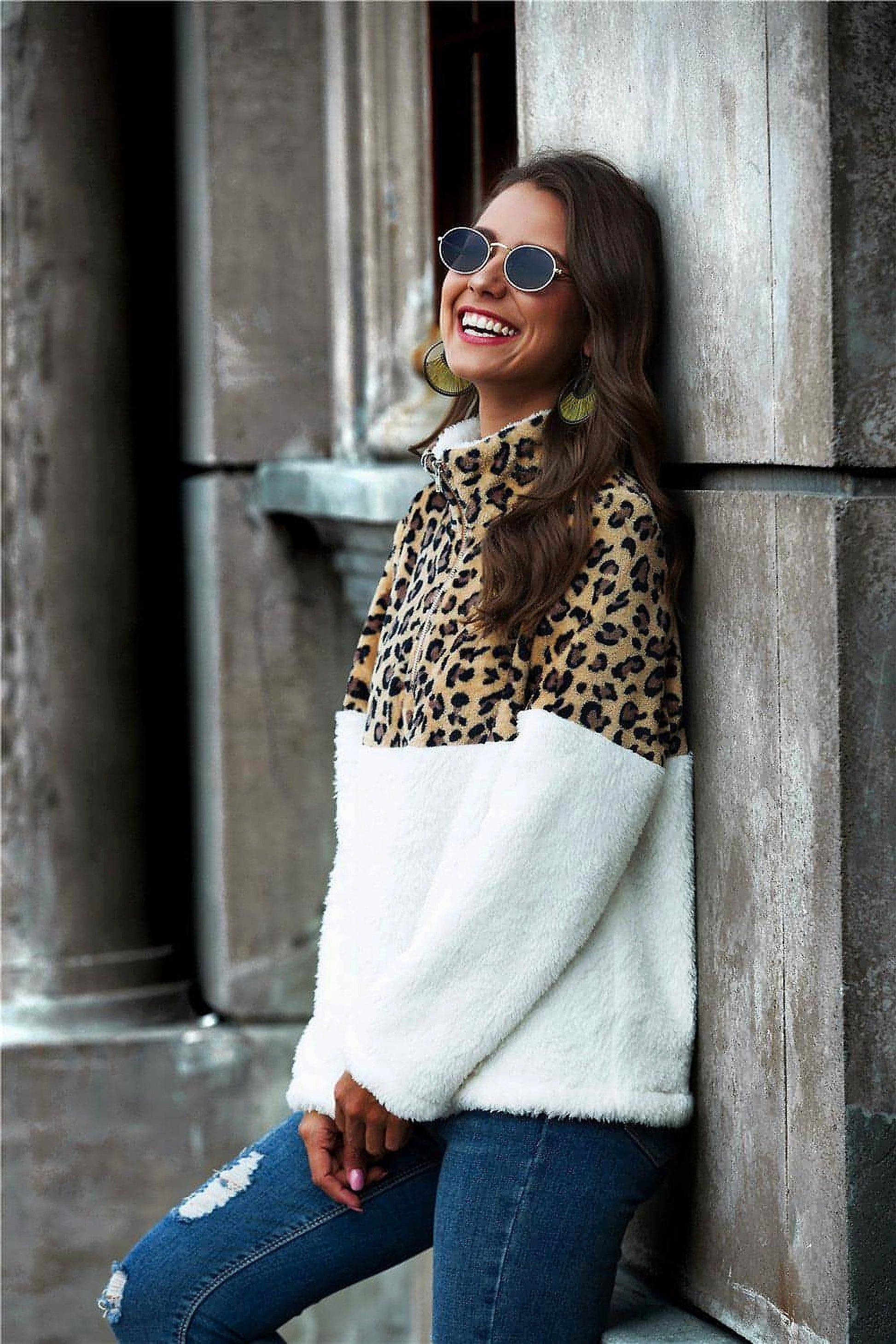 Leopard Color Block Half-Zip Collar Teddy Sweatshirt - enhanced image 7