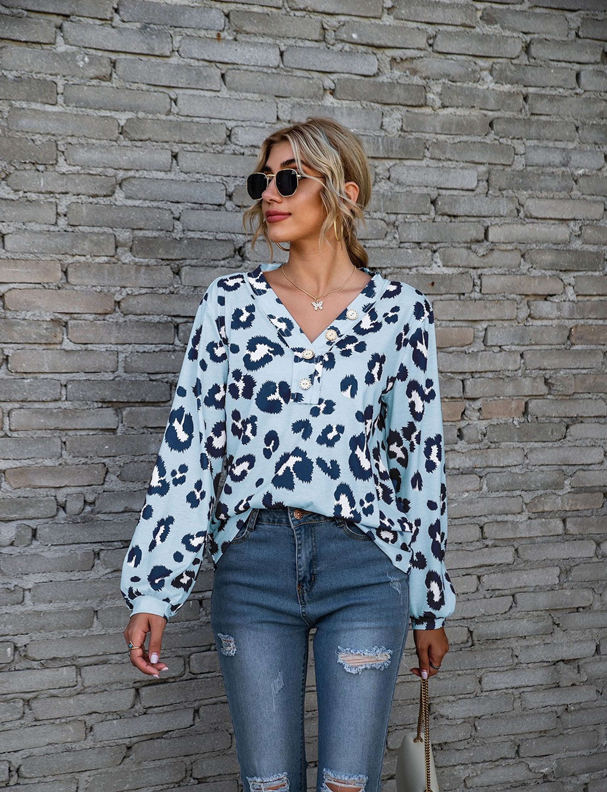 Leopard Print Printed V-neck Off-the-shoulder Long Sleeve T-shirt Women - enhanced image 7