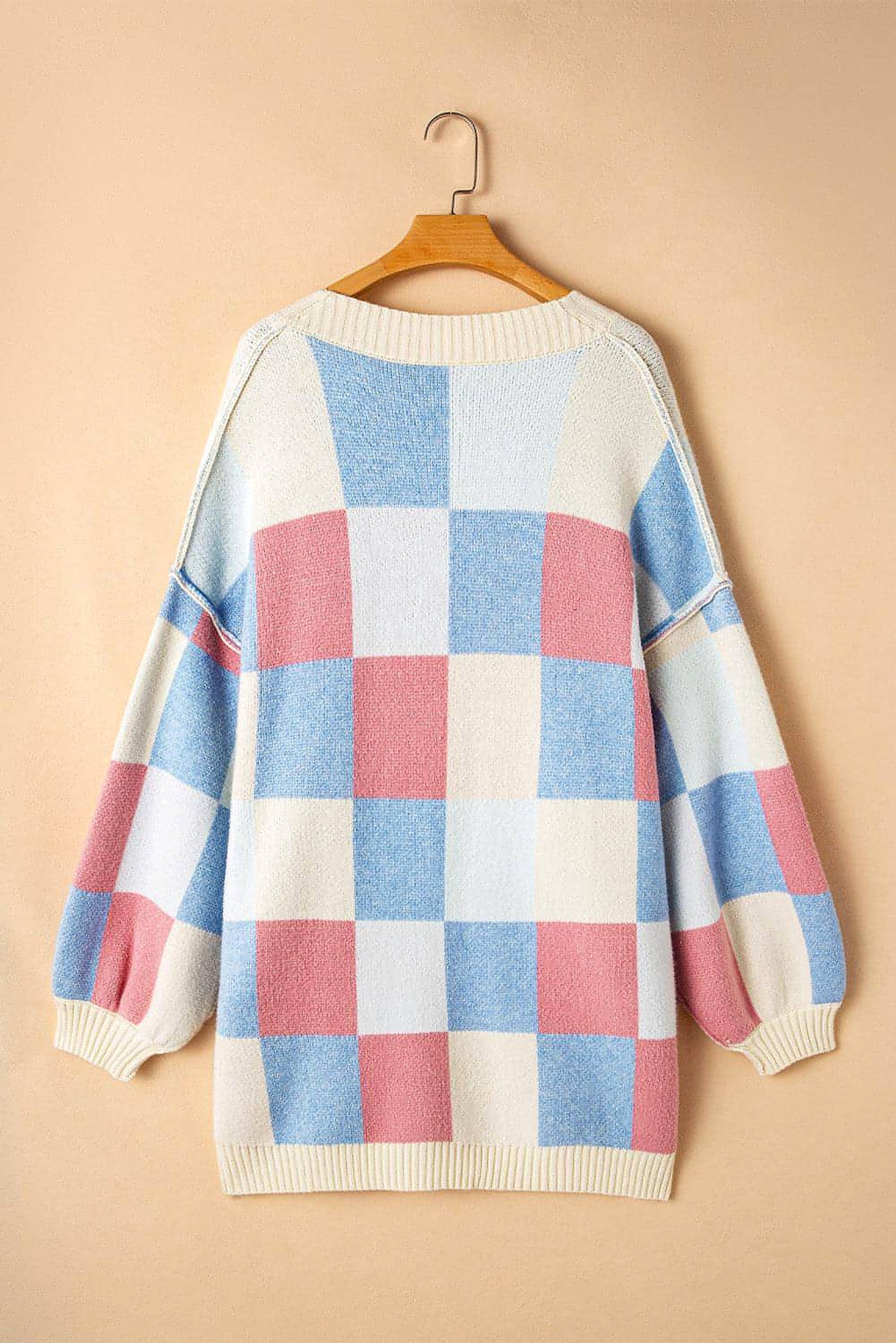 Light Blue Checkered Drop Shoulder Exposed Seam Open Front Cardigan - enhanced image 7