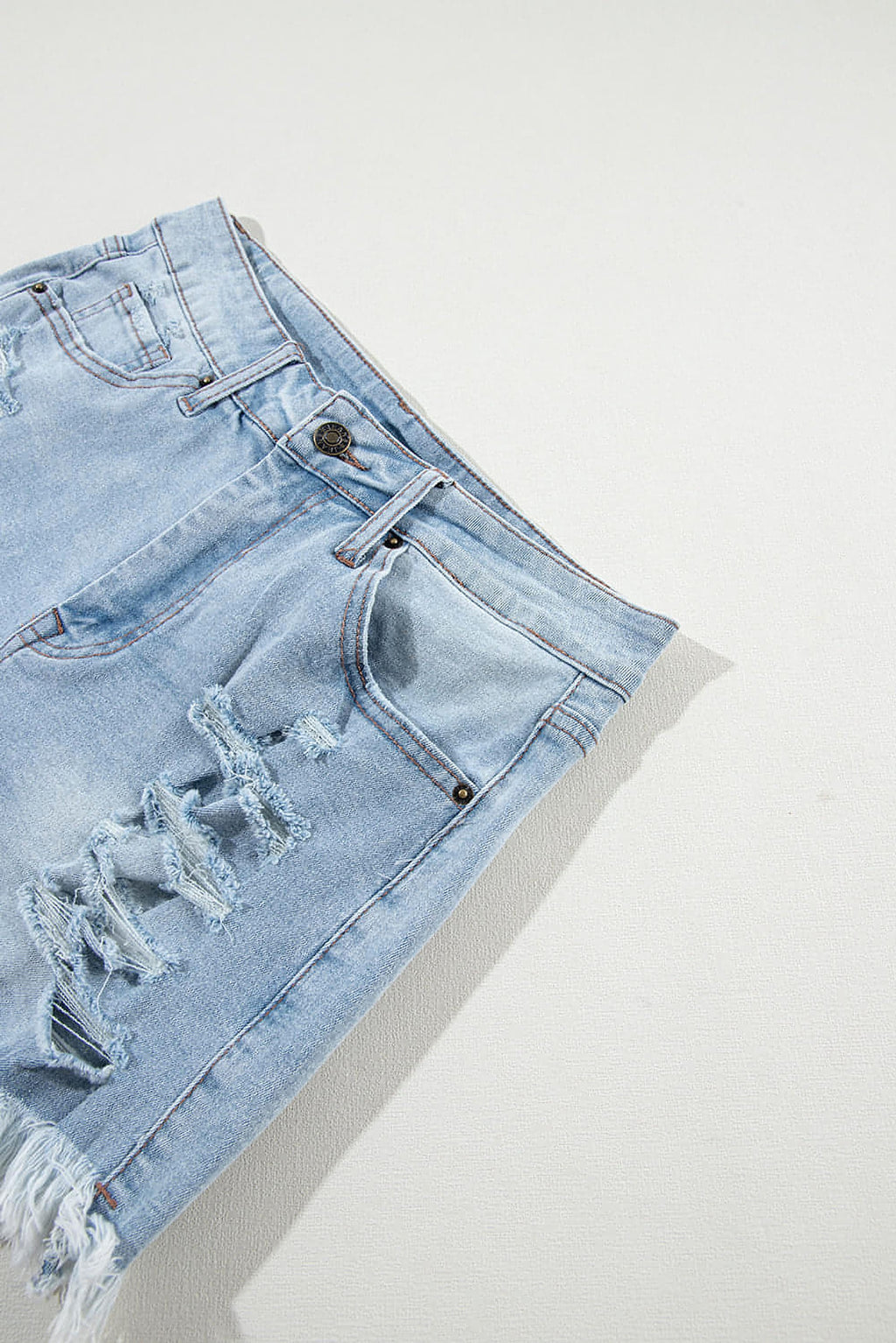 Light Blue Distressed Ripped Raw Hem High Waist Denim Shorts - enhanced image 7