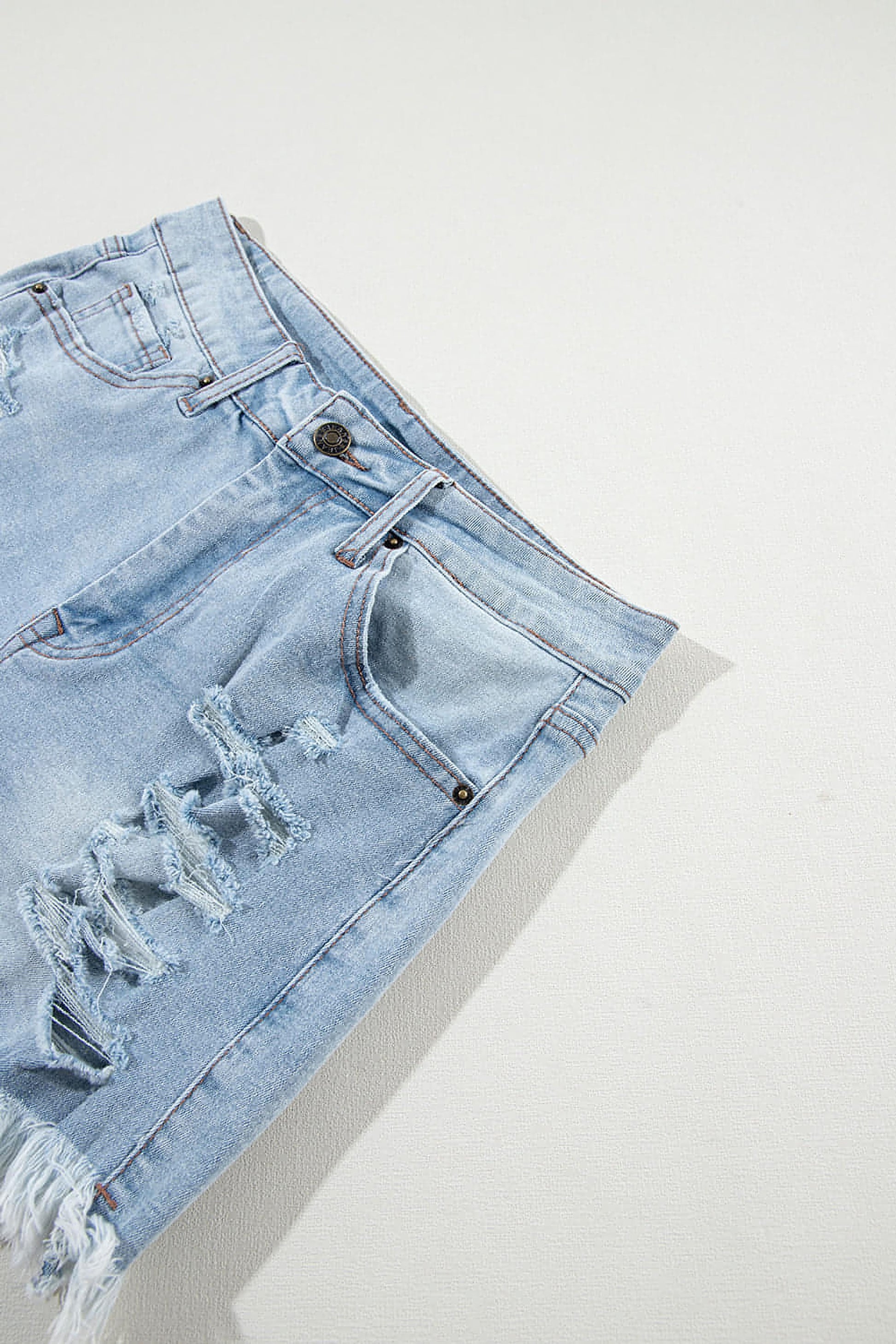 Light Blue Distressed Ripped Raw Hem High Waist Denim Shorts - enhanced image 7