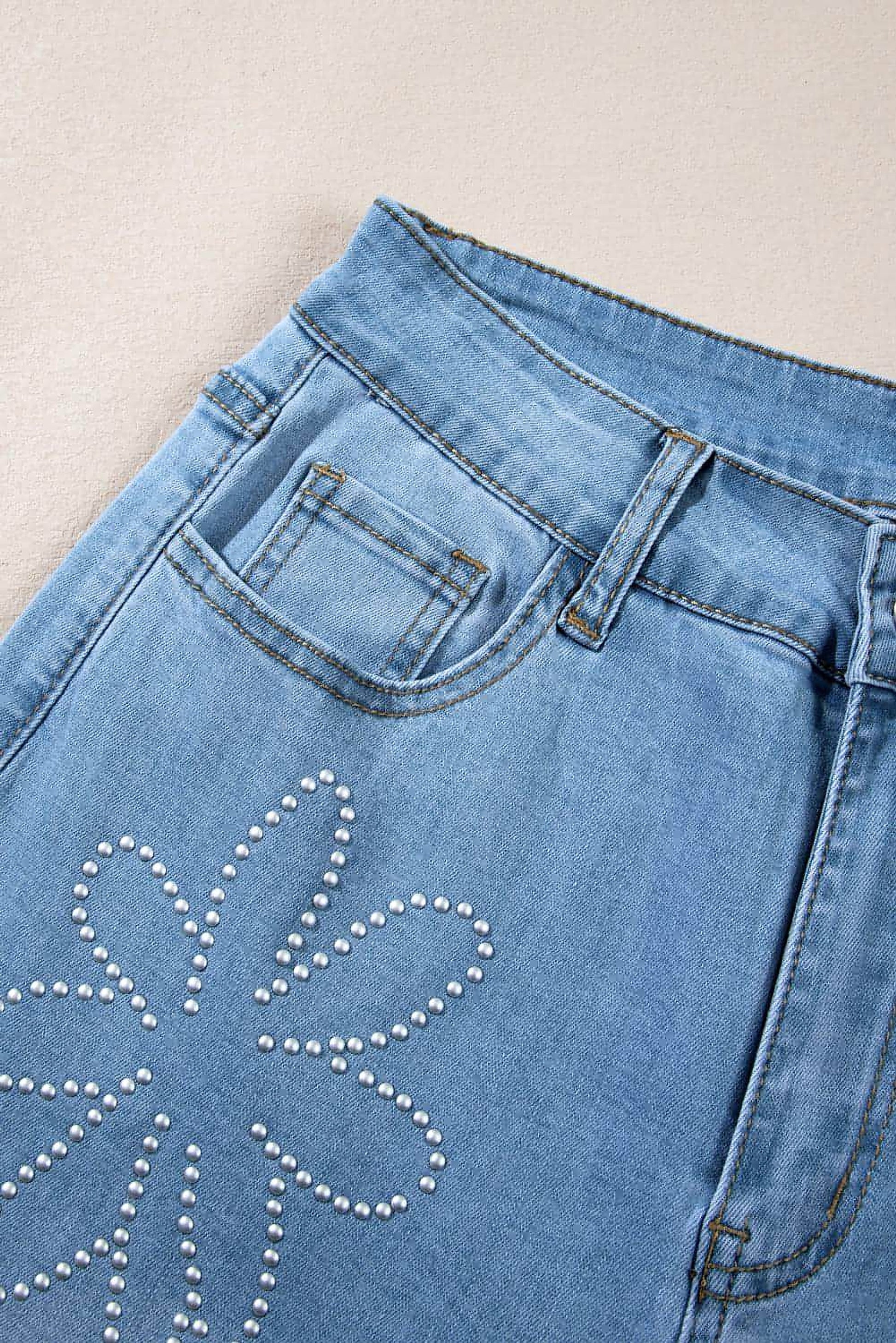 Light Blue Floral Rhinestone Decor High Rise Wide Leg Jeans - enhanced image 7