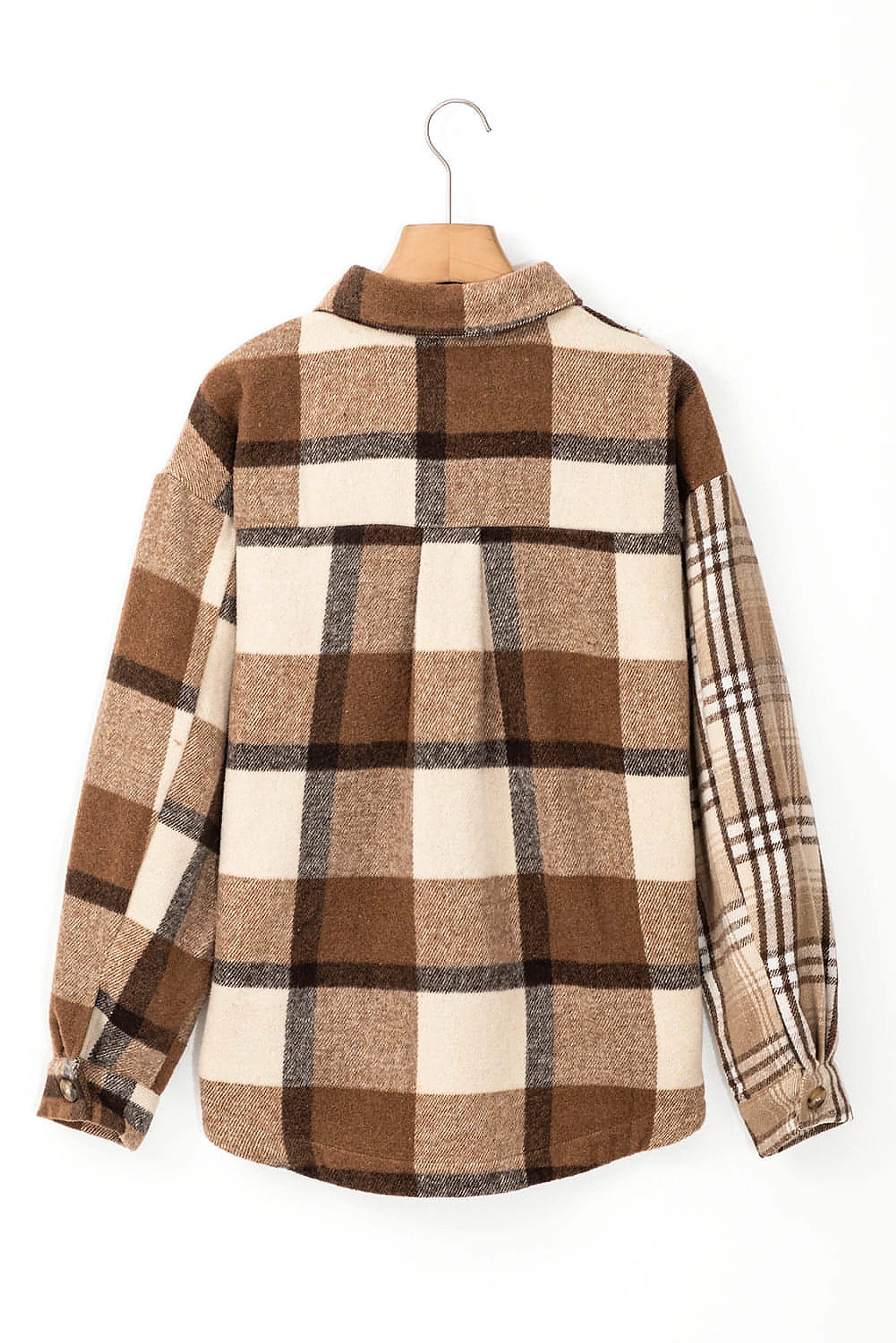 Light French Beige Flannel Plaid Double Flap Pocket Shacket - enhanced image 7