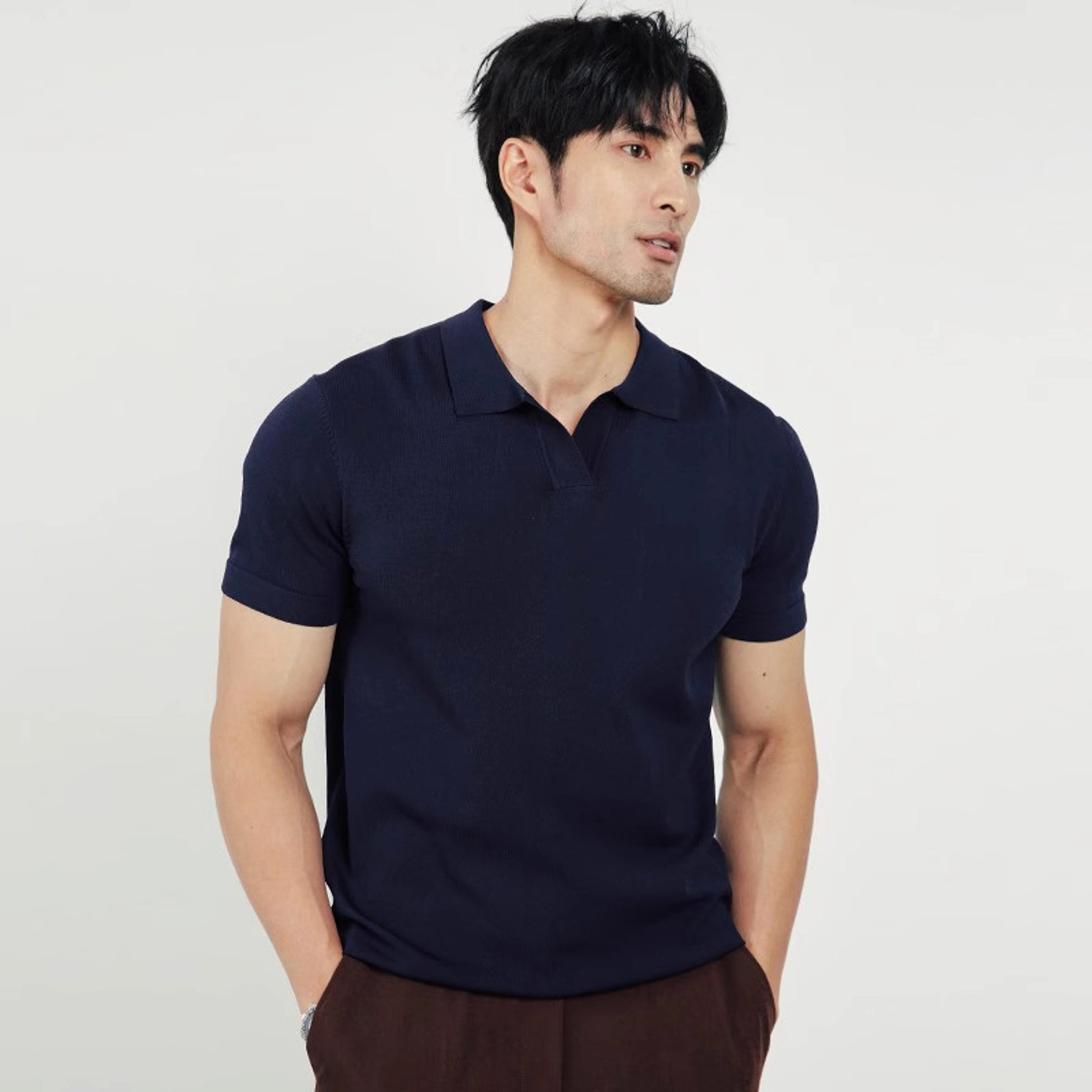 Lightly Mature Men's Lapel Knitted Polo Shirt Solid Color Short Sleeve T-Shirt - enhanced image 7
