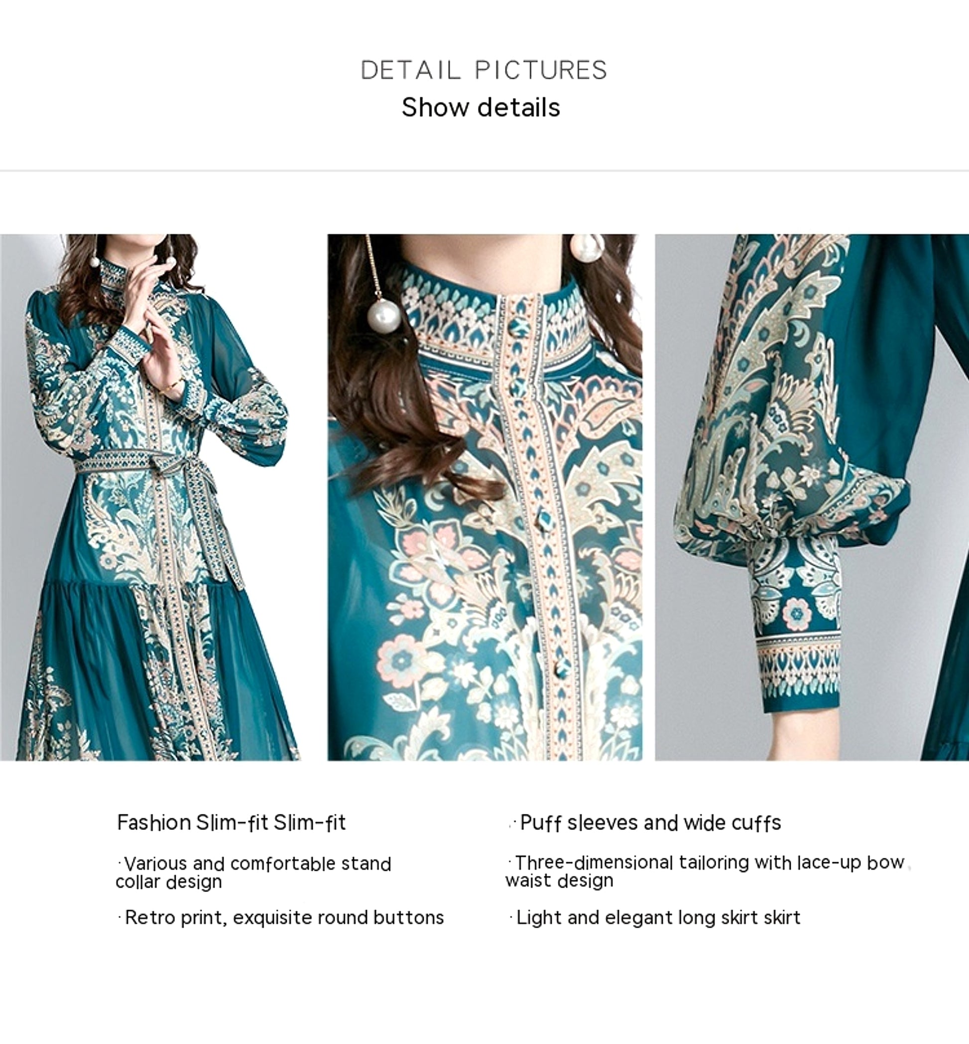 Long Sleeve Stand-up Collar Puff Sleeve Lace Printing Dress - enhanced image 7