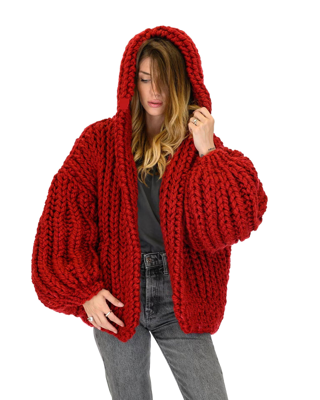 Loose And Hooded Cardigan Coat Handmade Knitting Needle Women's Knitted Sweater - enhanced image 7