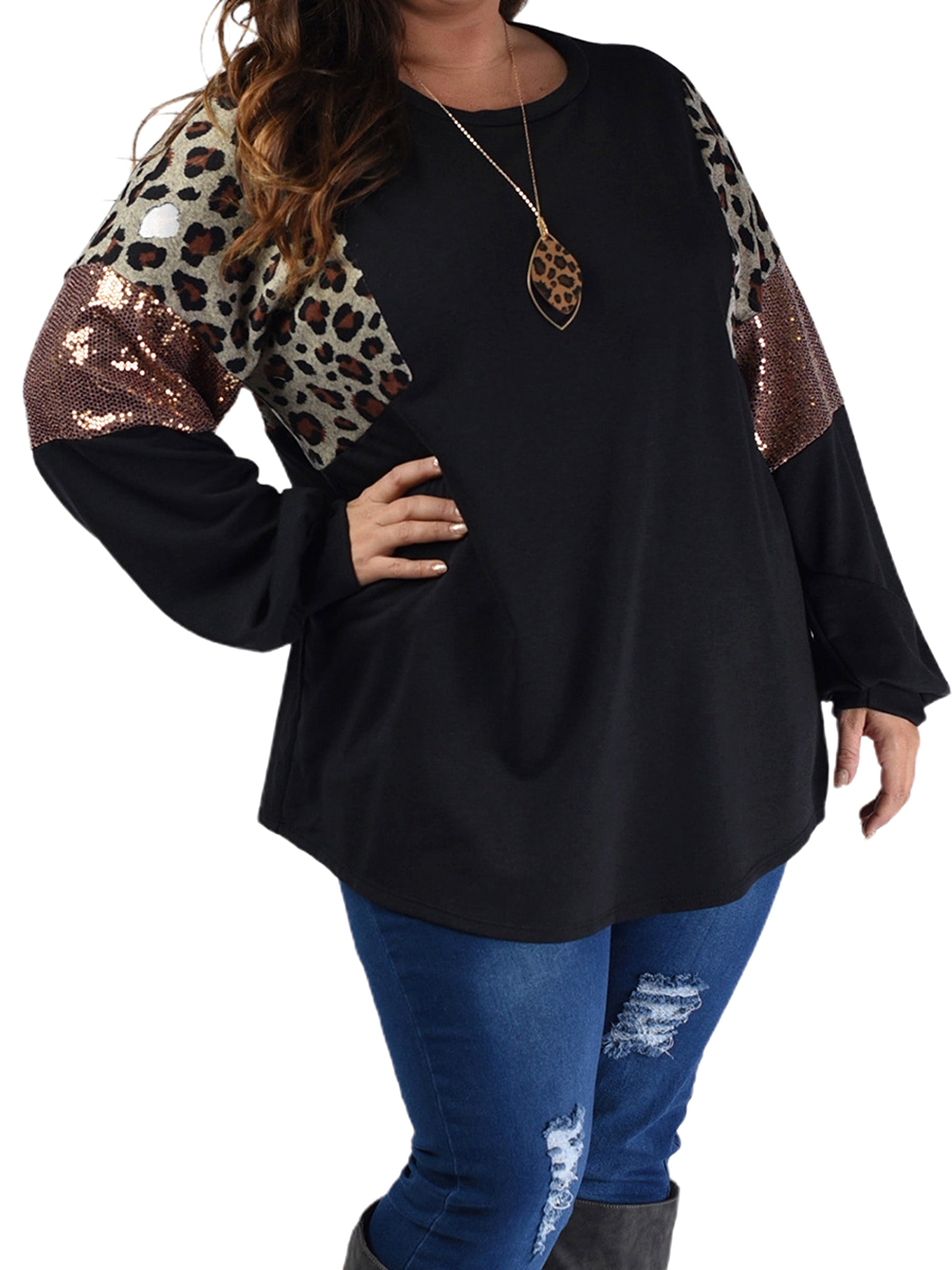 Loose Slim Fit Leopard Print Long Sleeve Women T-Shirt - enhanced image 7