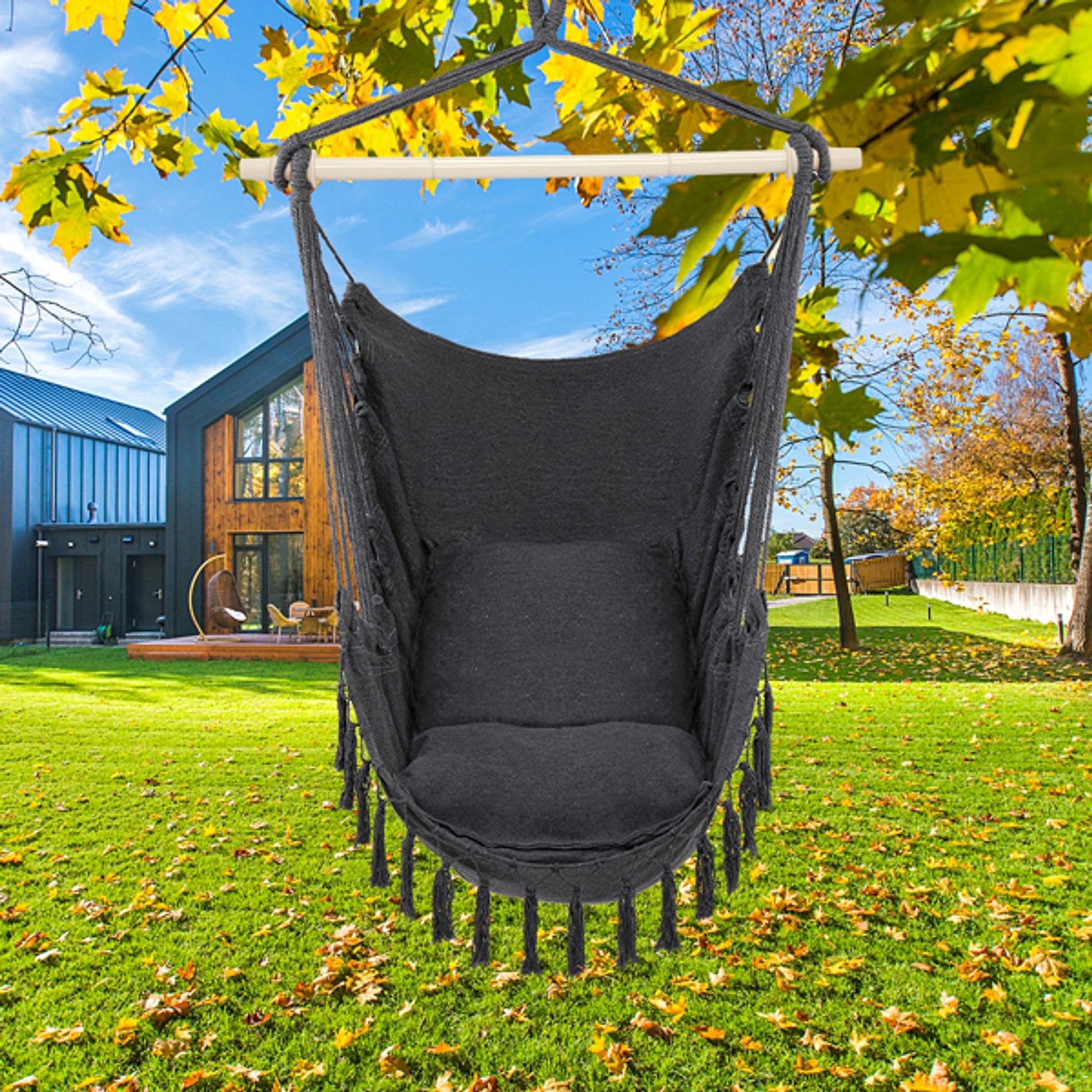 LuneluX – Boho Hanging Chair with Fringe & Cushions (Gray) - enhanced image 7